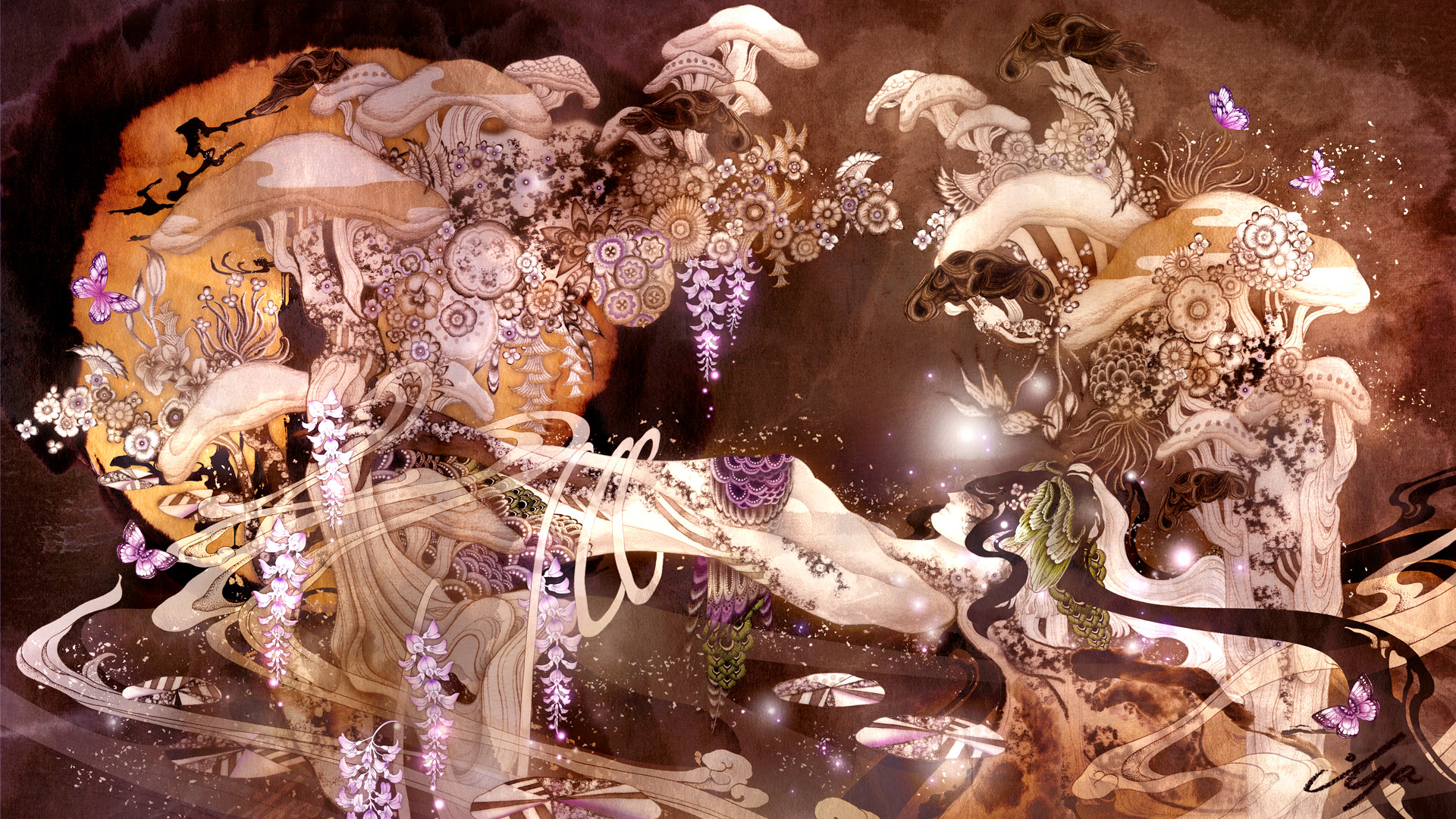 Surreal mushroom and flower artwork with butterflies HD Wallpaper