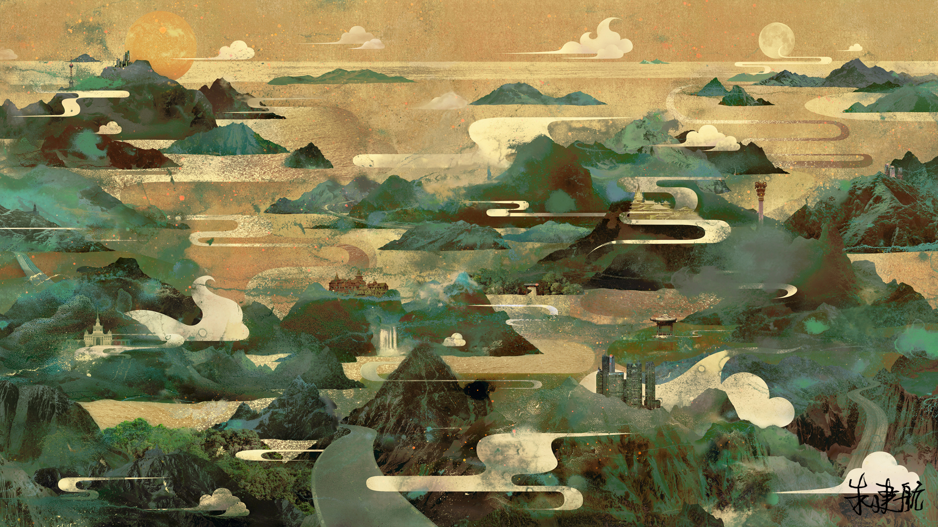 Abstract mountain landscape with sun, moon, and clouds HD Wallpaper