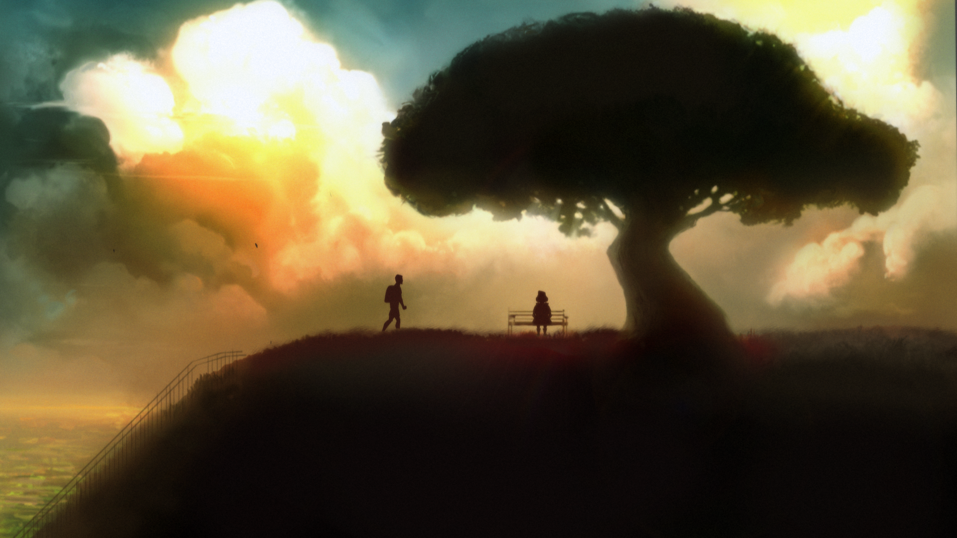 Two figures on a hill under a large tree HD Wallpaper