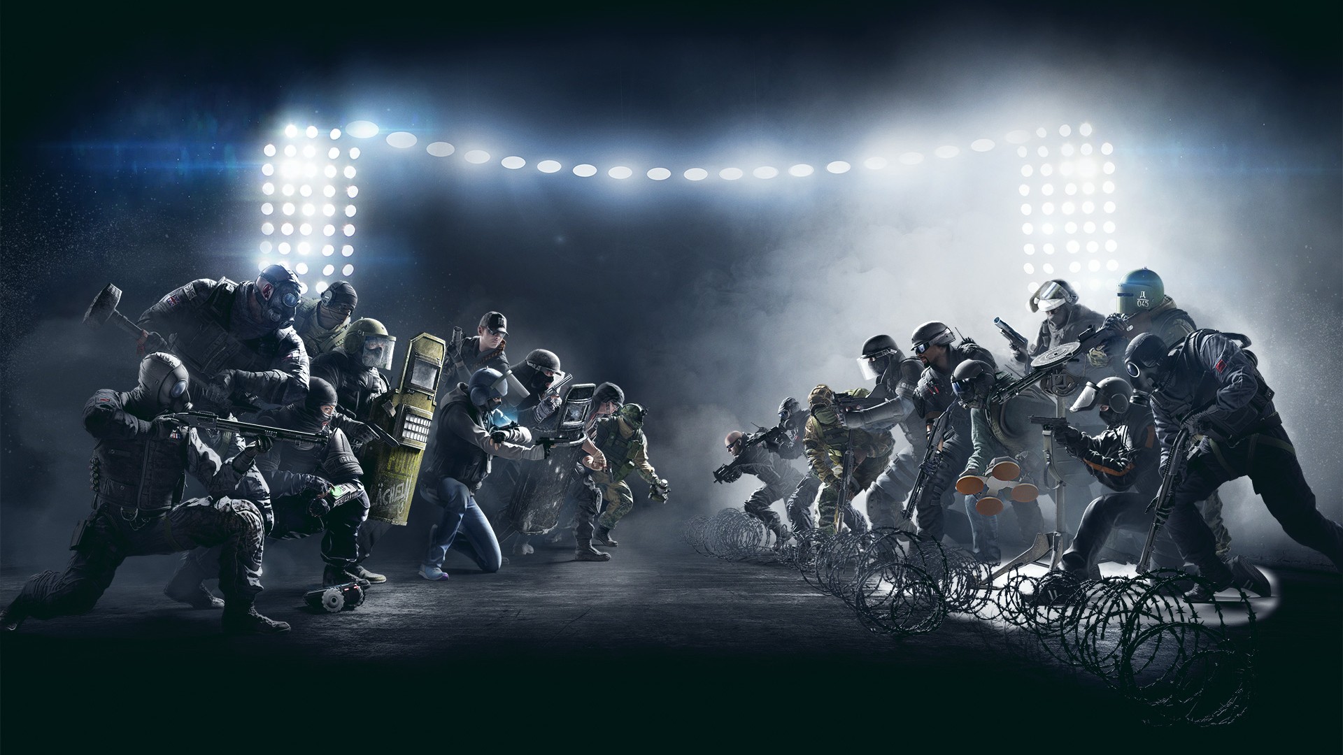 Rainbow Six: Siege artwork with soldiers in a stadium HD Wallpaper