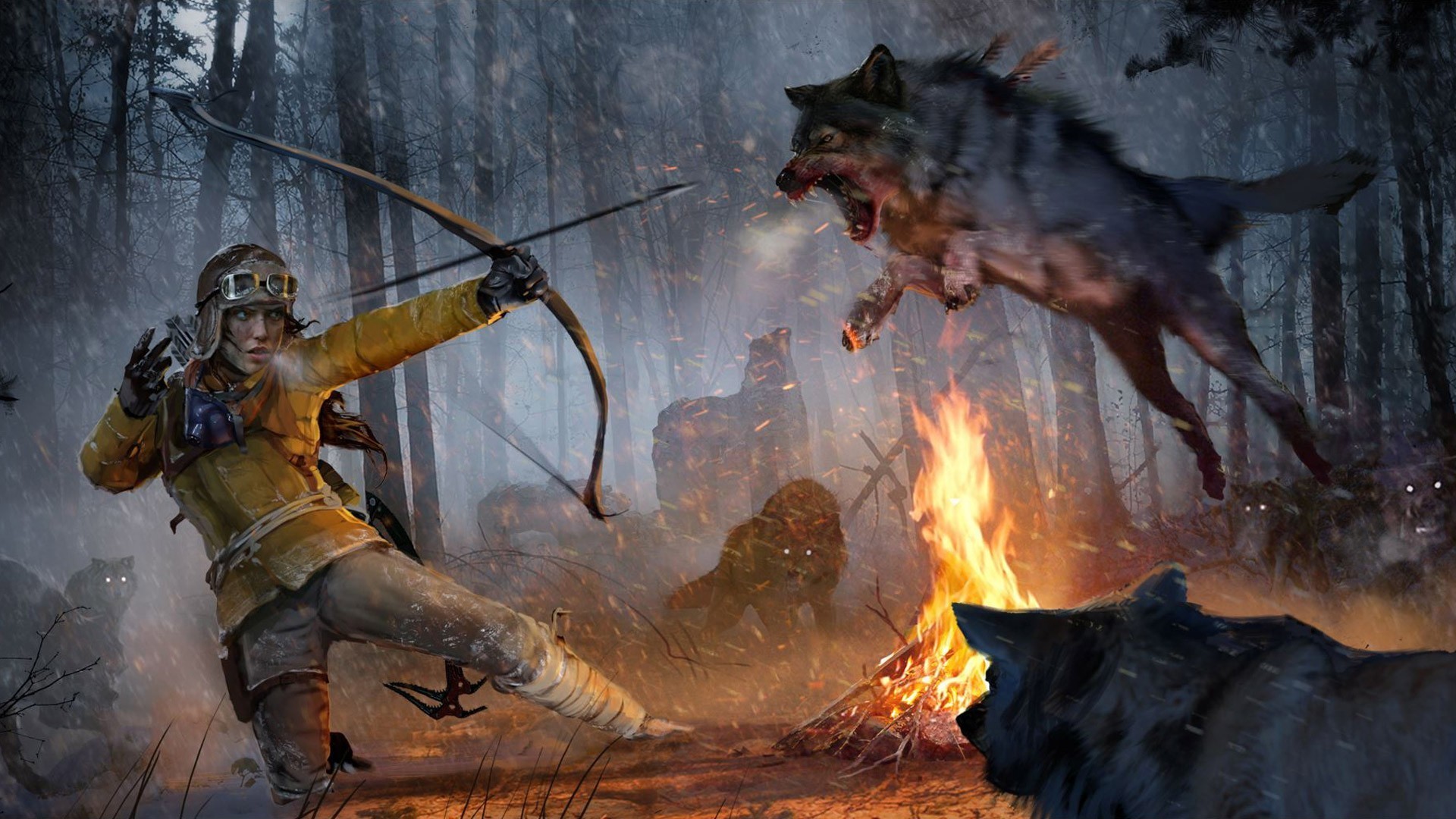 Rise of the Tomb Raider artwork of Lara Croft fighting wolves HD Wallpaper