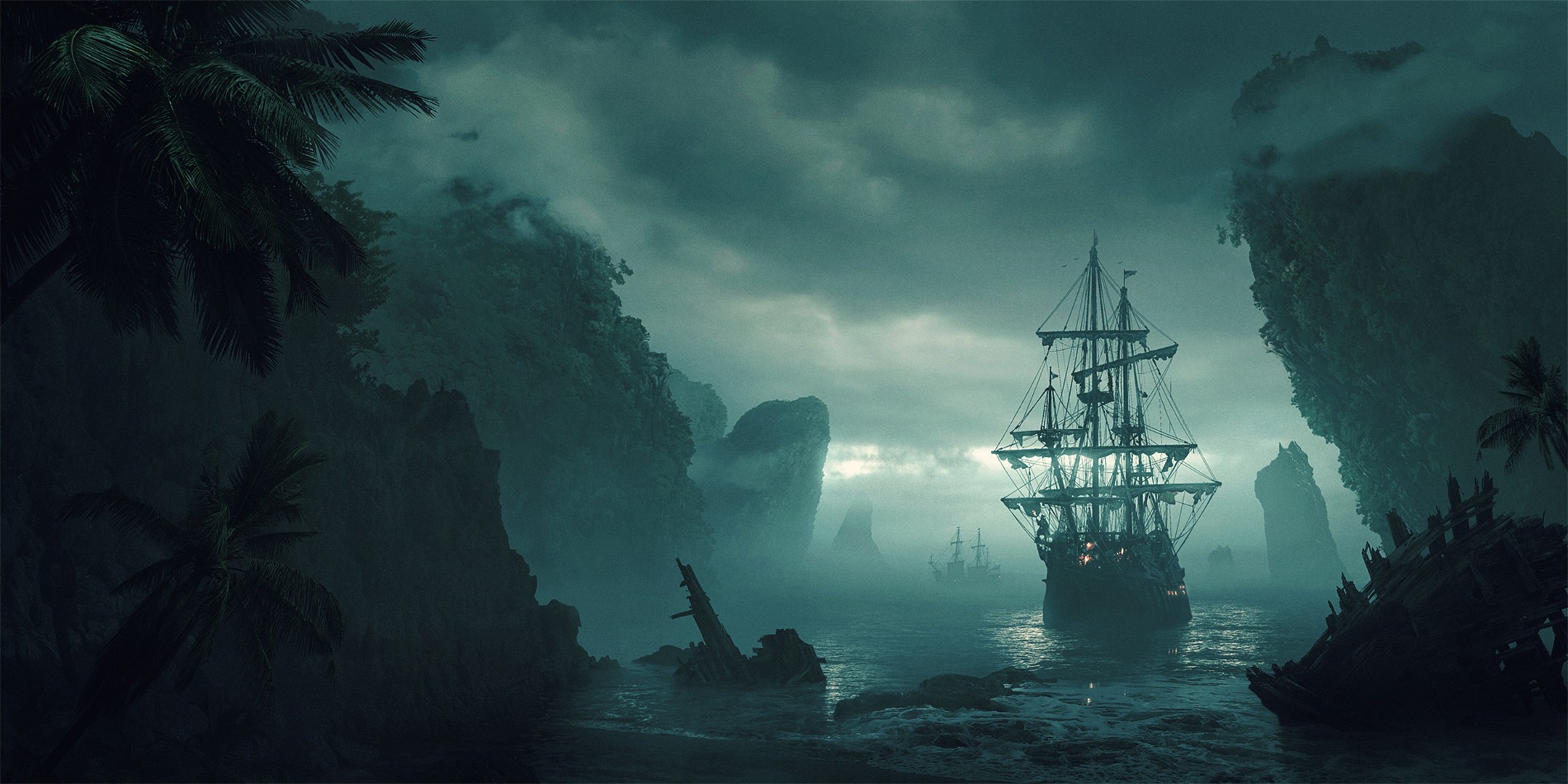 Pirate ships in a foggy bay with rocky islands HD Wallpaper