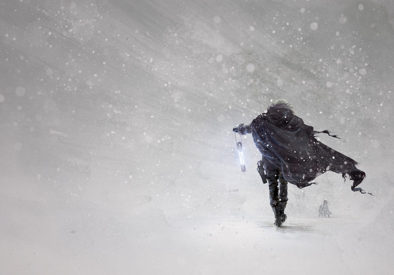 Fantasy art of a lone figure in a snowstorm HD Wallpaper