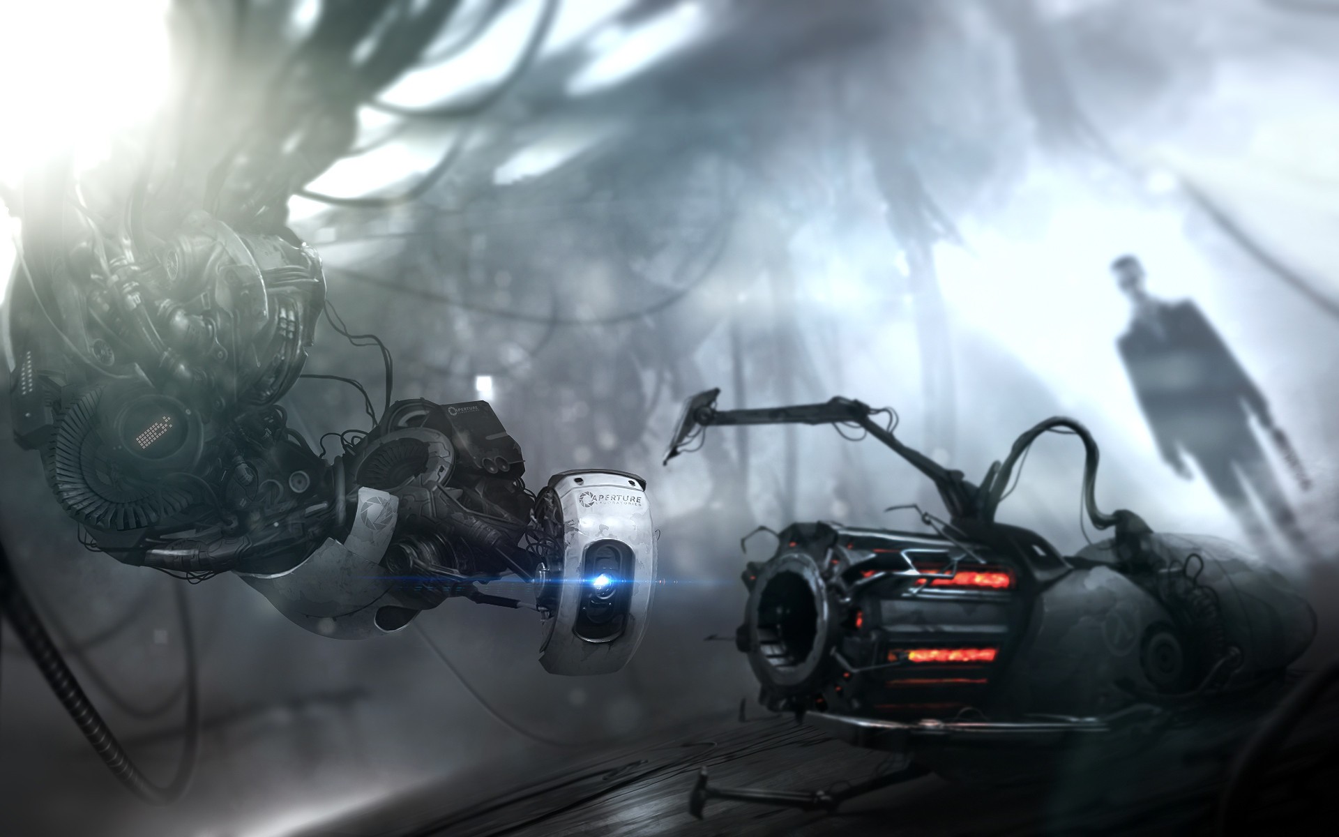 Portal 2 GLaDOS and Wheatley with a shadowy figure HD Wallpaper