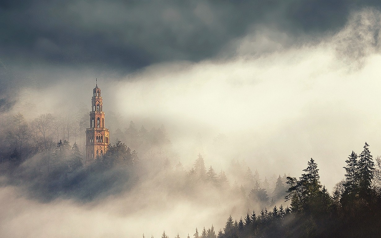Tower in a misty forest in Italy HD Wallpaper