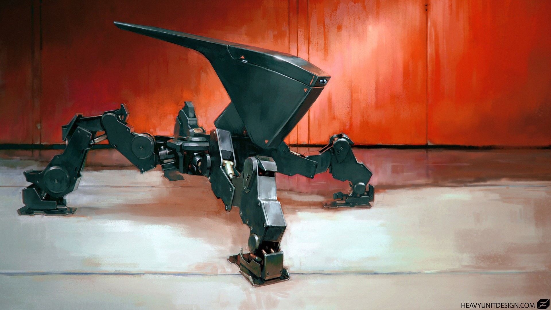 A dark, multi-legged robot with a sleek body stands on a floor. HD Wallpaper