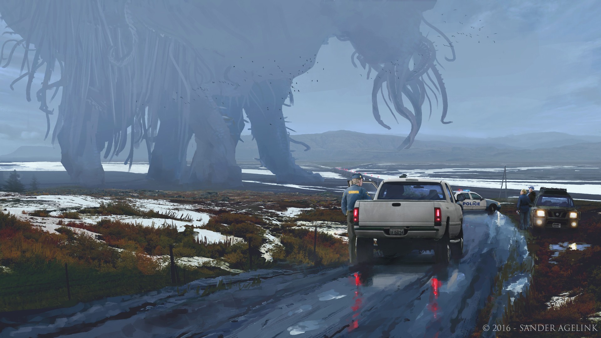 Giant Tentacled Creature and Police Cars HD Wallpaper