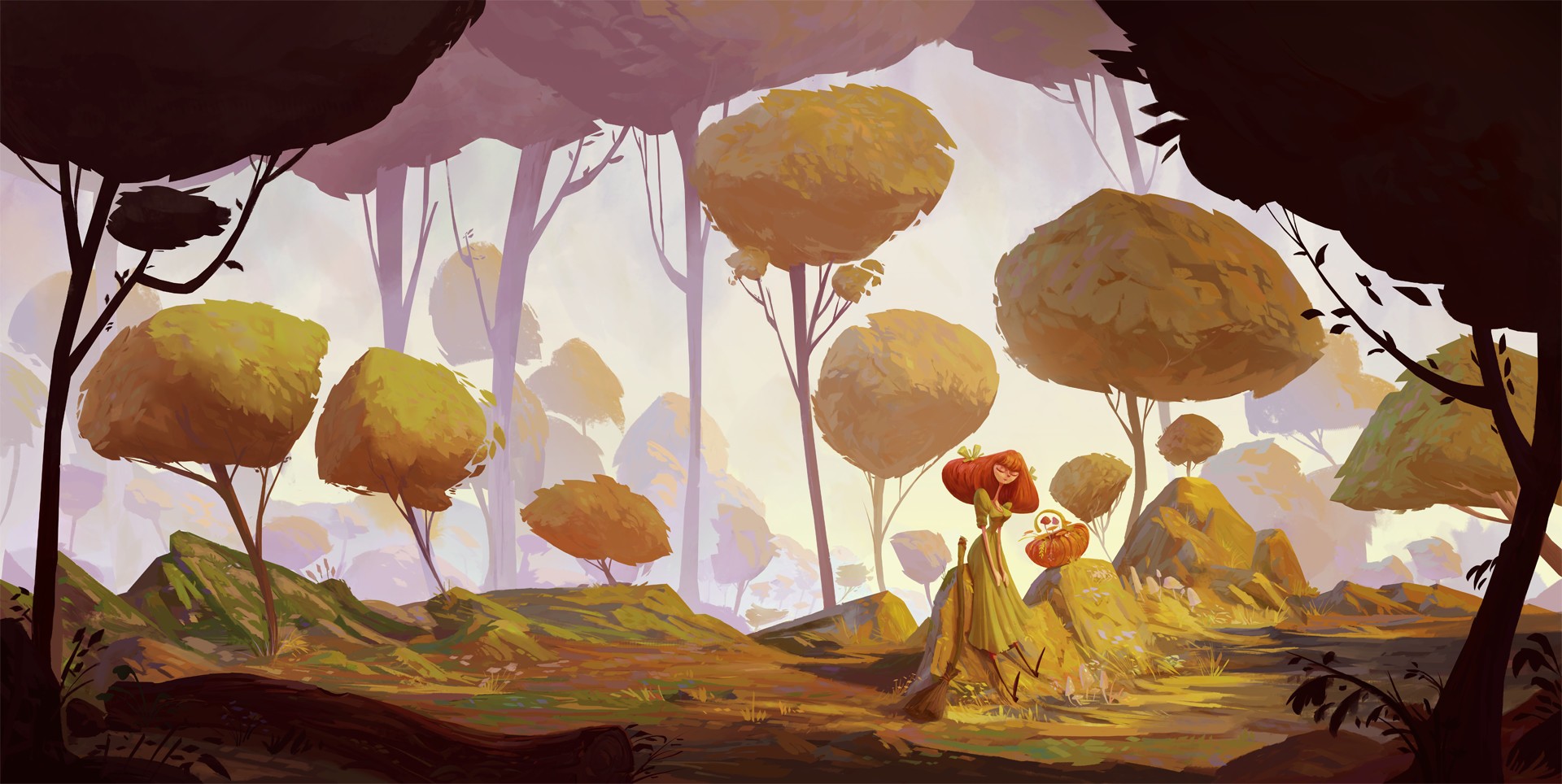 Cartoon forest with whimsical trees and characters HD Wallpaper