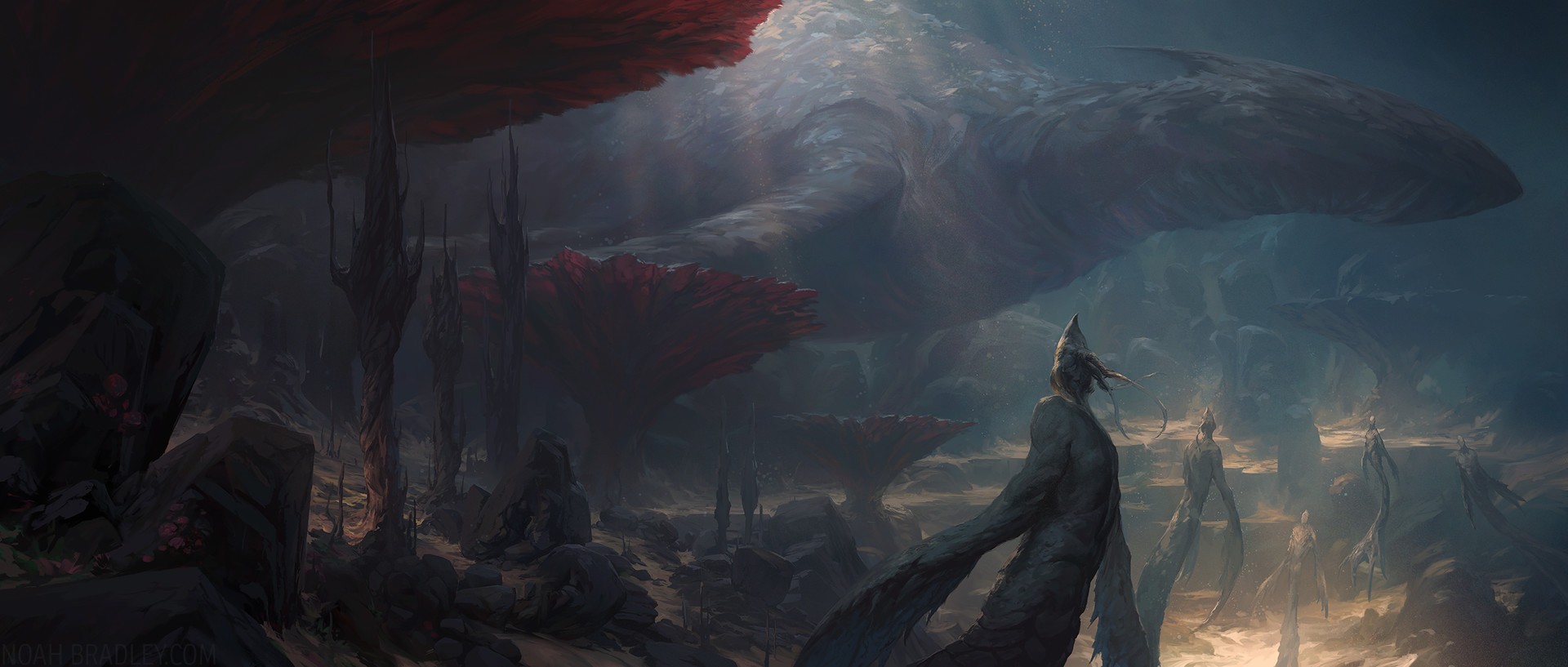 Alien landscape with giant creatures and figures HD Wallpaper