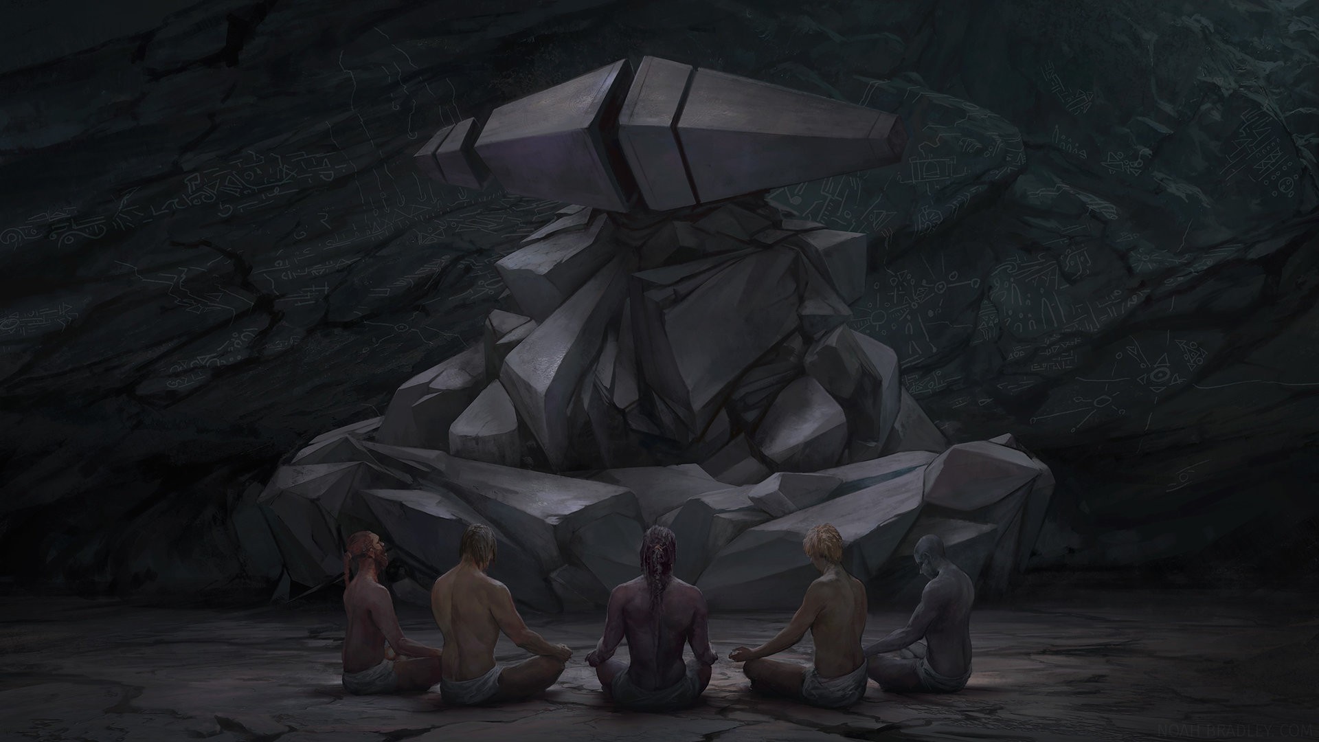 People meditating in a cave with ancient carvings HD Wallpaper