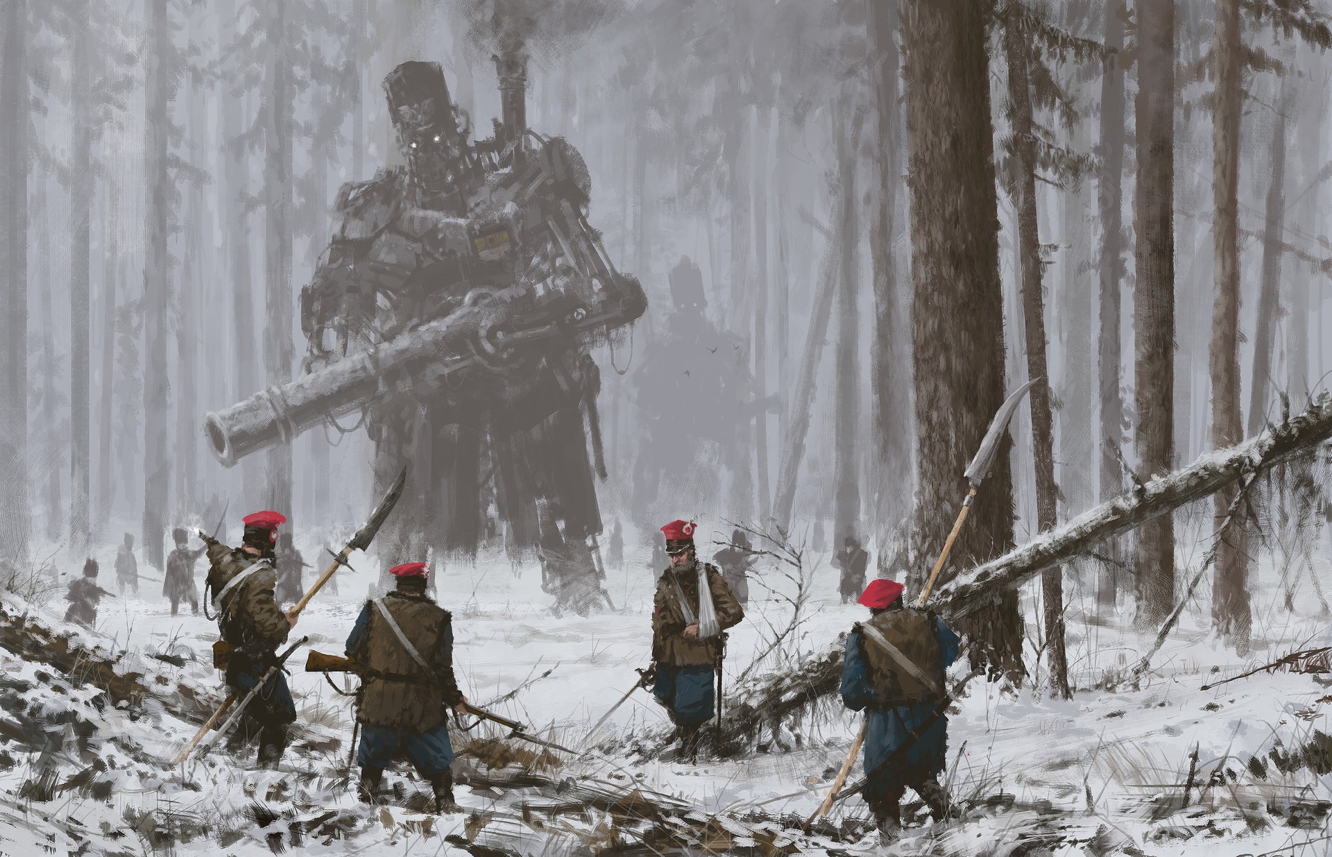 Giant steampunk robot in a snowy forest with soldiers HD Wallpaper
