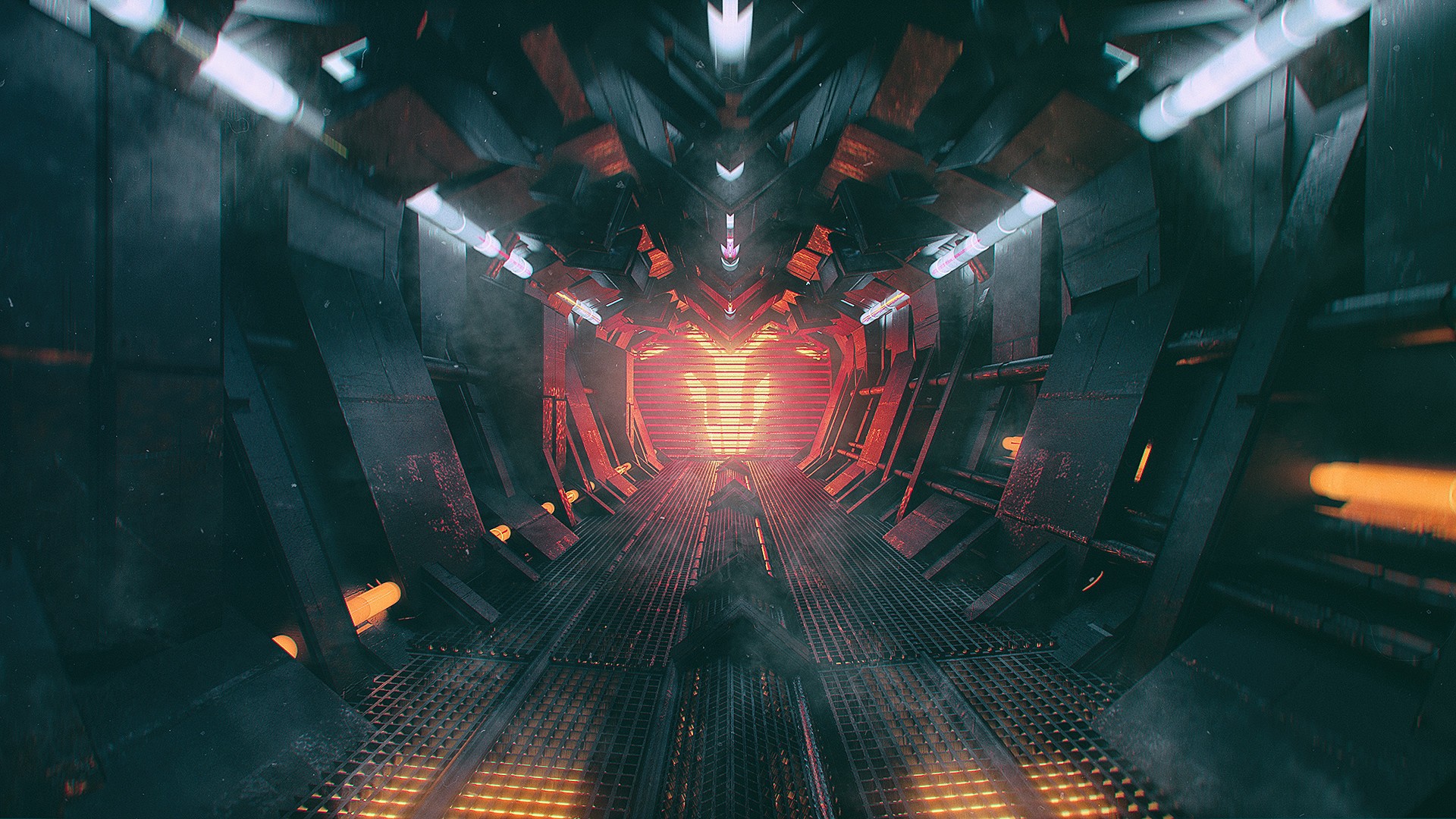 Sci-fi corridor with a figure in the distance HD Wallpaper