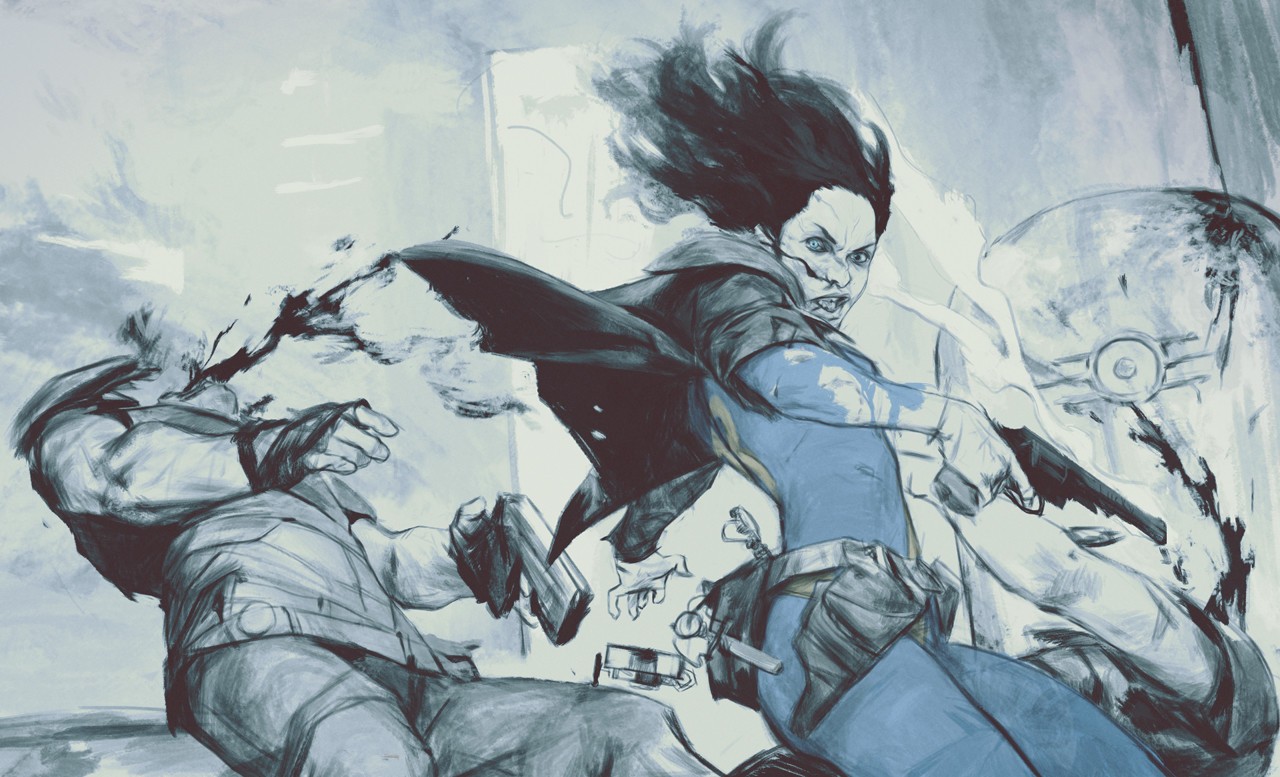 Fallout artwork of a woman fighting two men HD Wallpaper