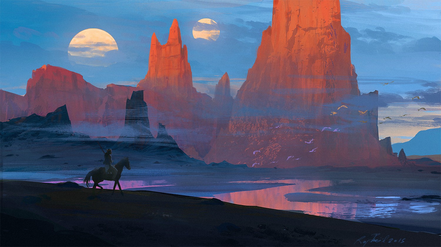 Fantasy landscape with rider and rock formations HD Wallpaper
