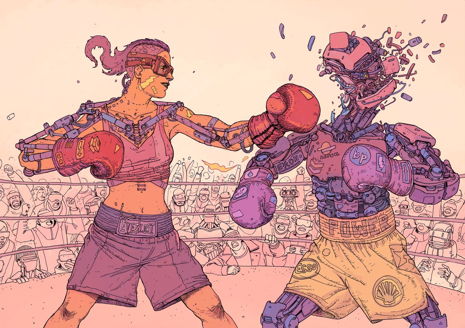 Cyborg boxer punches a robot in a boxing ring HD Wallpaper