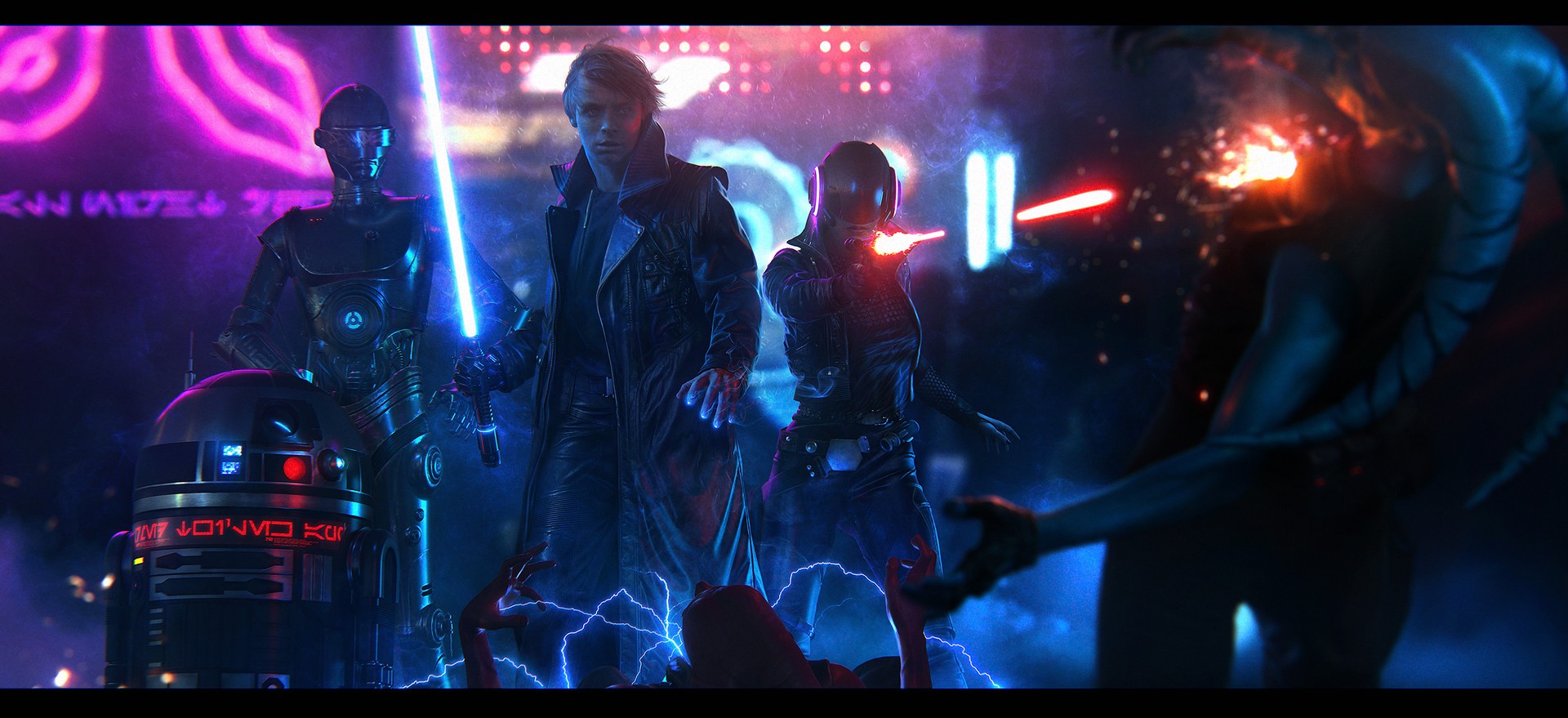 Star Wars characters in a neon-lit city HD Wallpaper