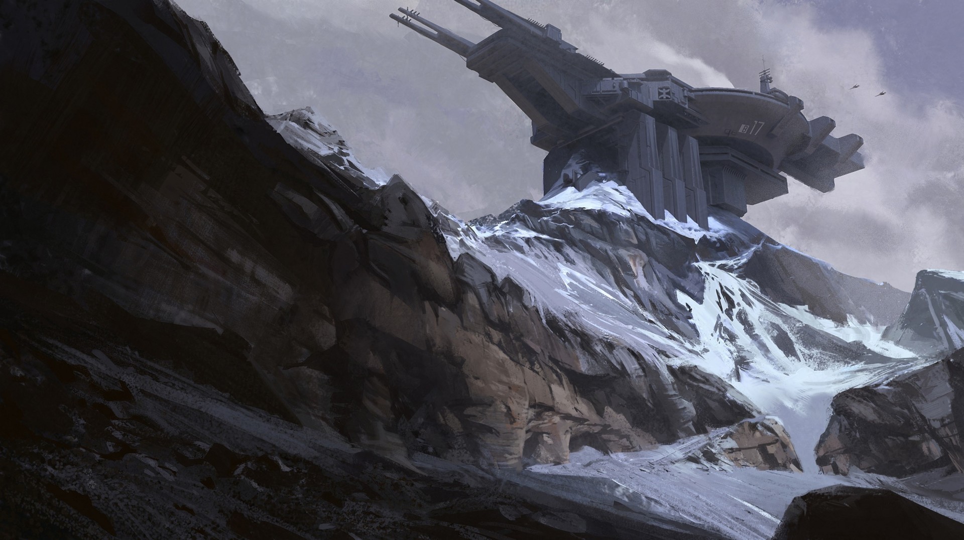 Sci-fi fortress on a snowy mountain HD Wallpaper