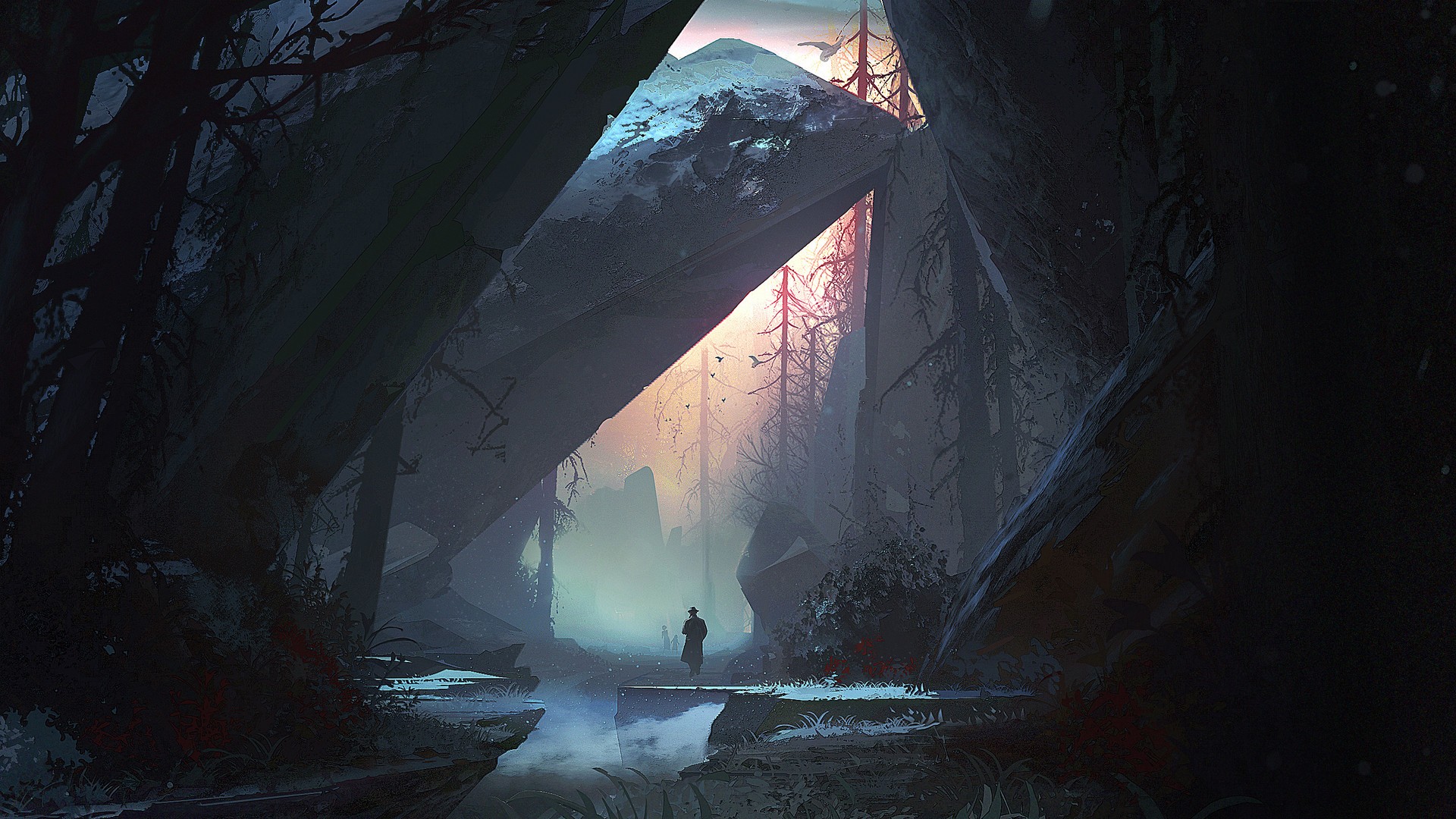 A lone traveler walks through a misty, rocky forest at dawn. HD Wallpaper