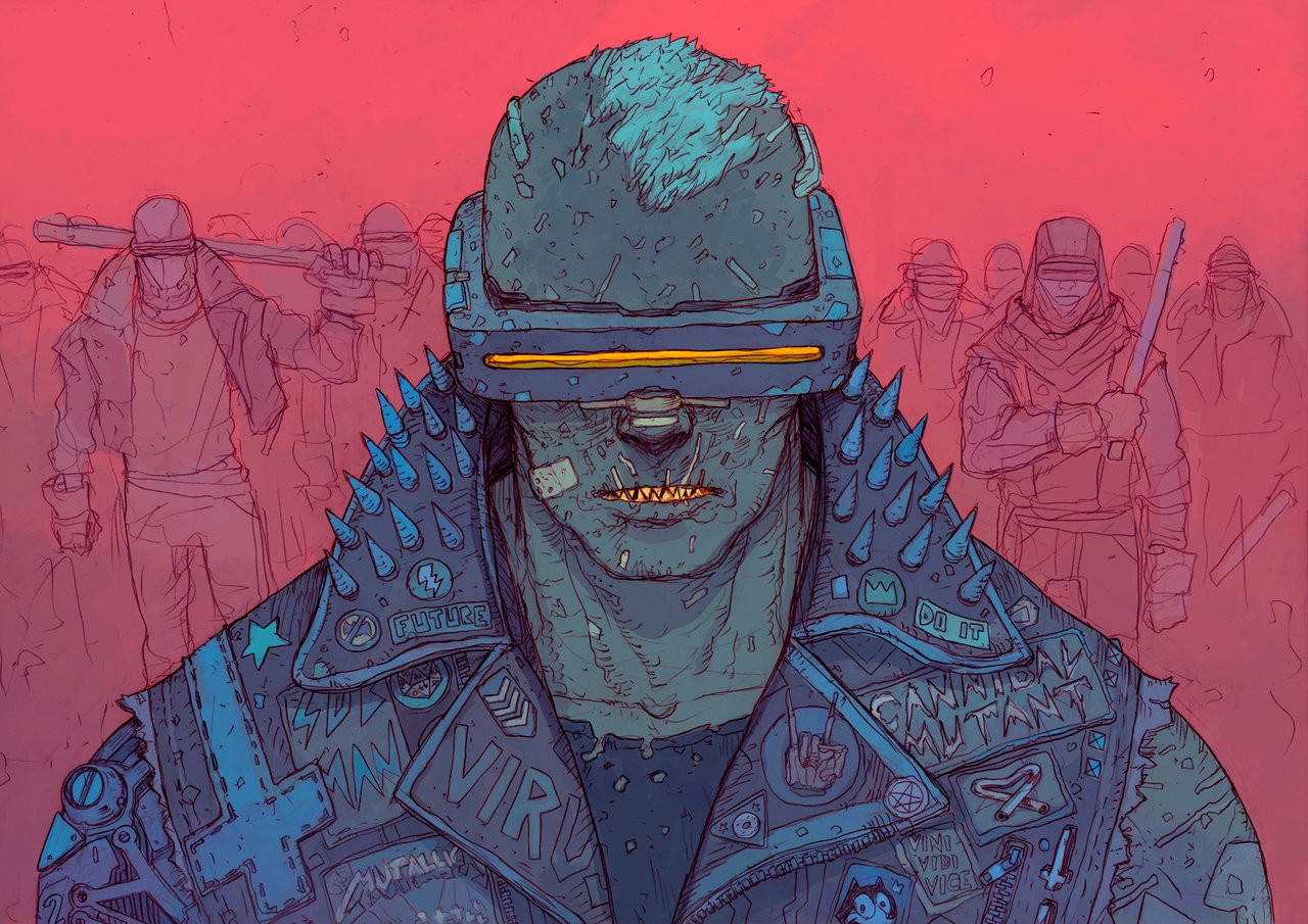Cyberpunk mutant with spiked jacket and goggles HD Wallpaper
