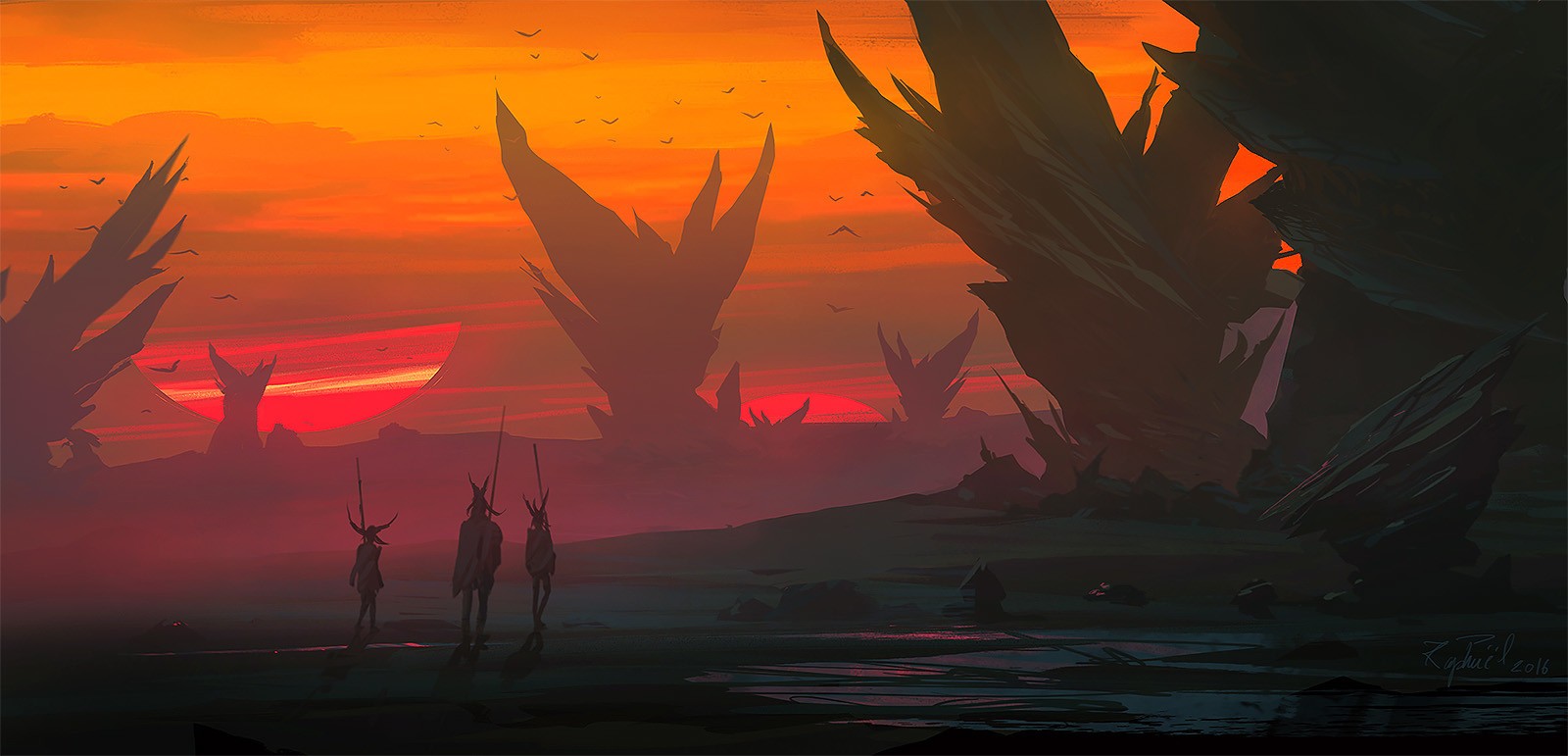 Fantasy art of alien landscape at sunset HD Wallpaper