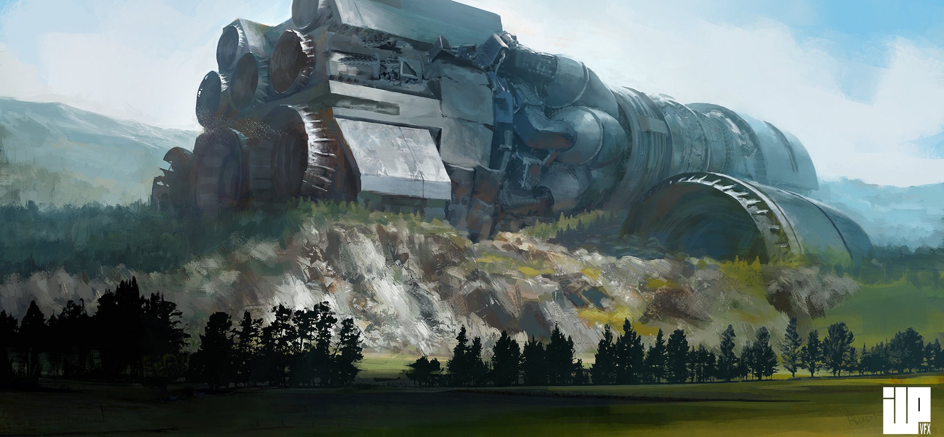 Artwork of a crashed spaceship in a forest HD Wallpaper