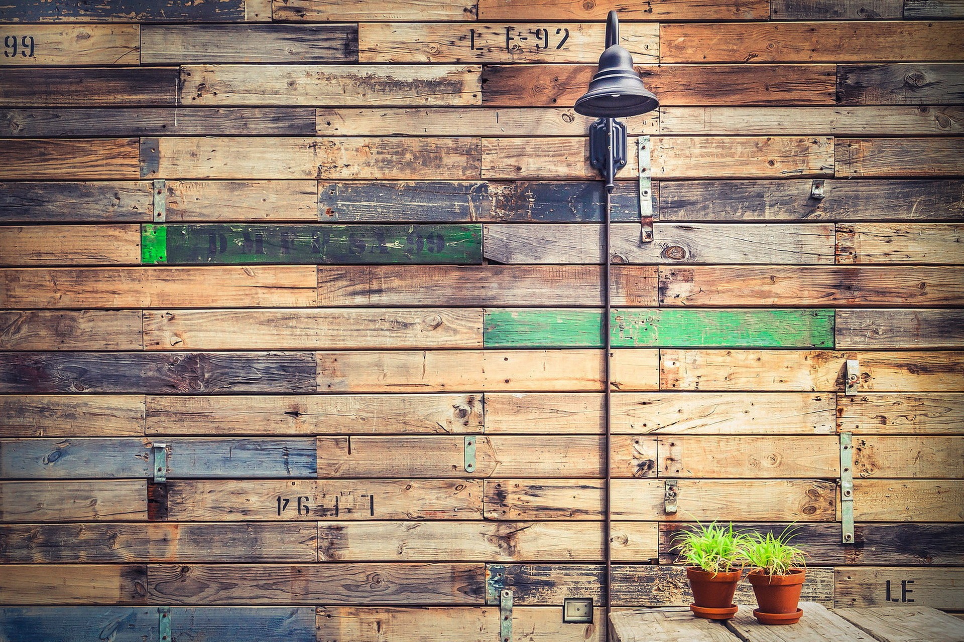 Rustic wooden wall with a lamp and potted plants HD Wallpaper