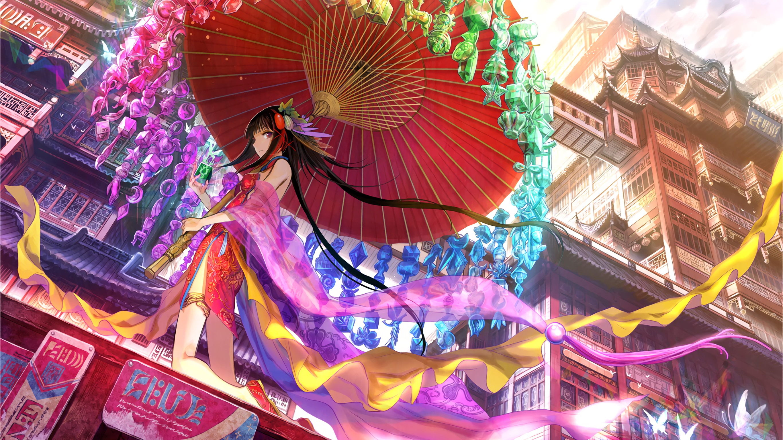 Anime Girl with Umbrella in Oriental City HD Wallpaper