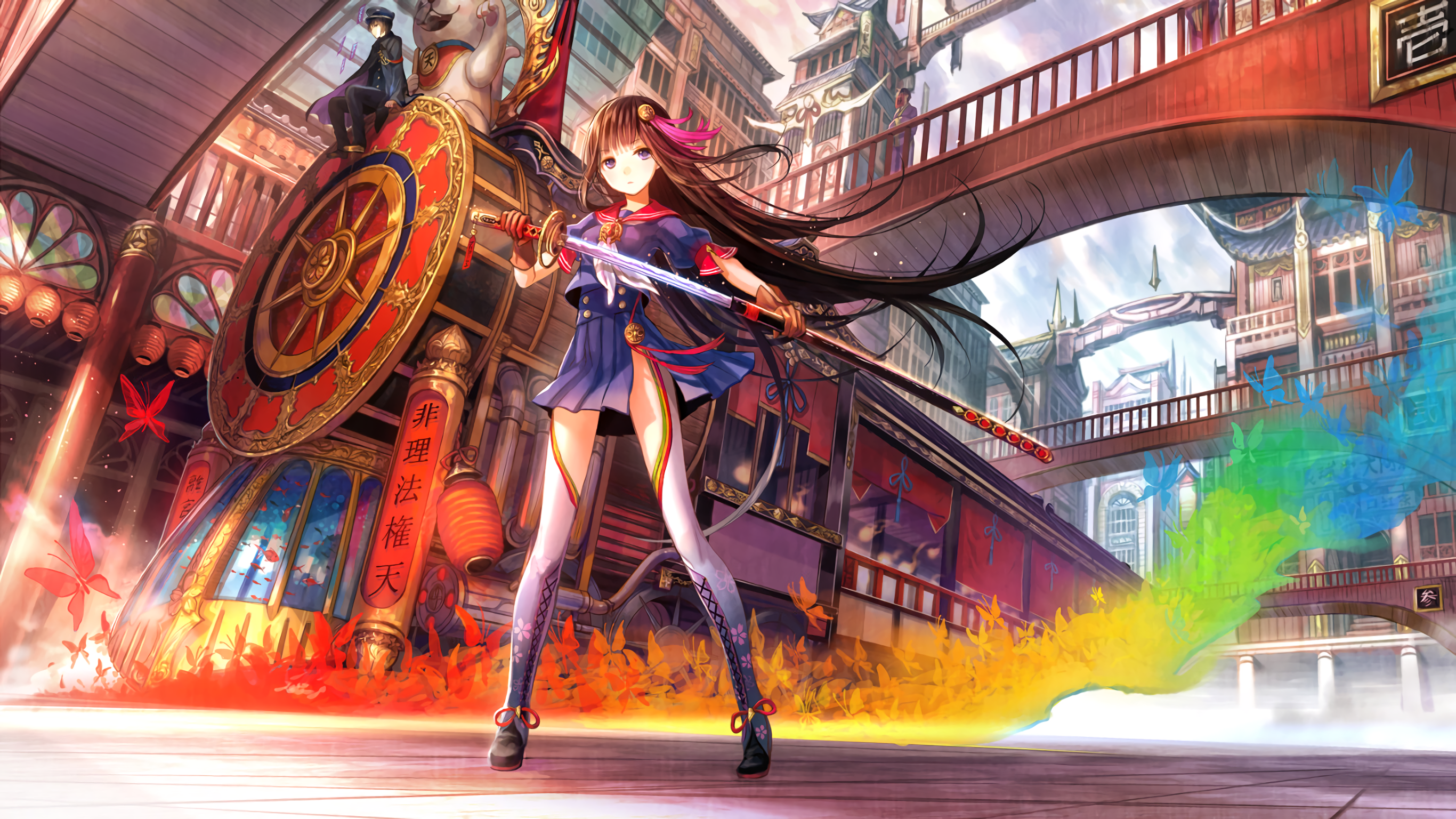 Anime girl with katana on a train in Asian city HD Wallpaper