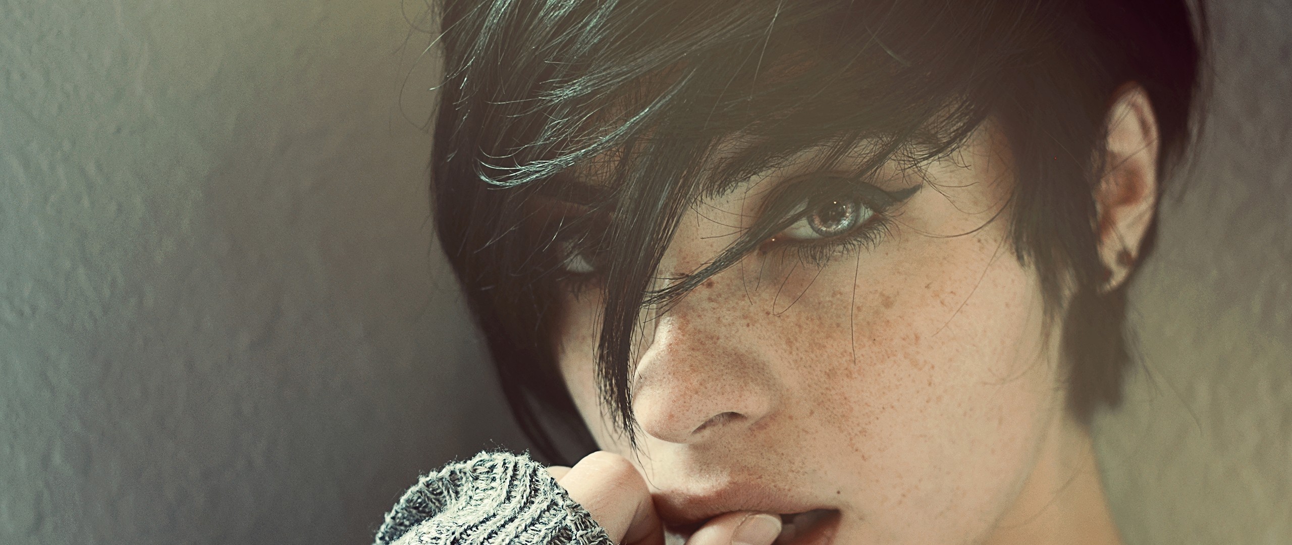 Woman with short dark hair and freckles HD Wallpaper