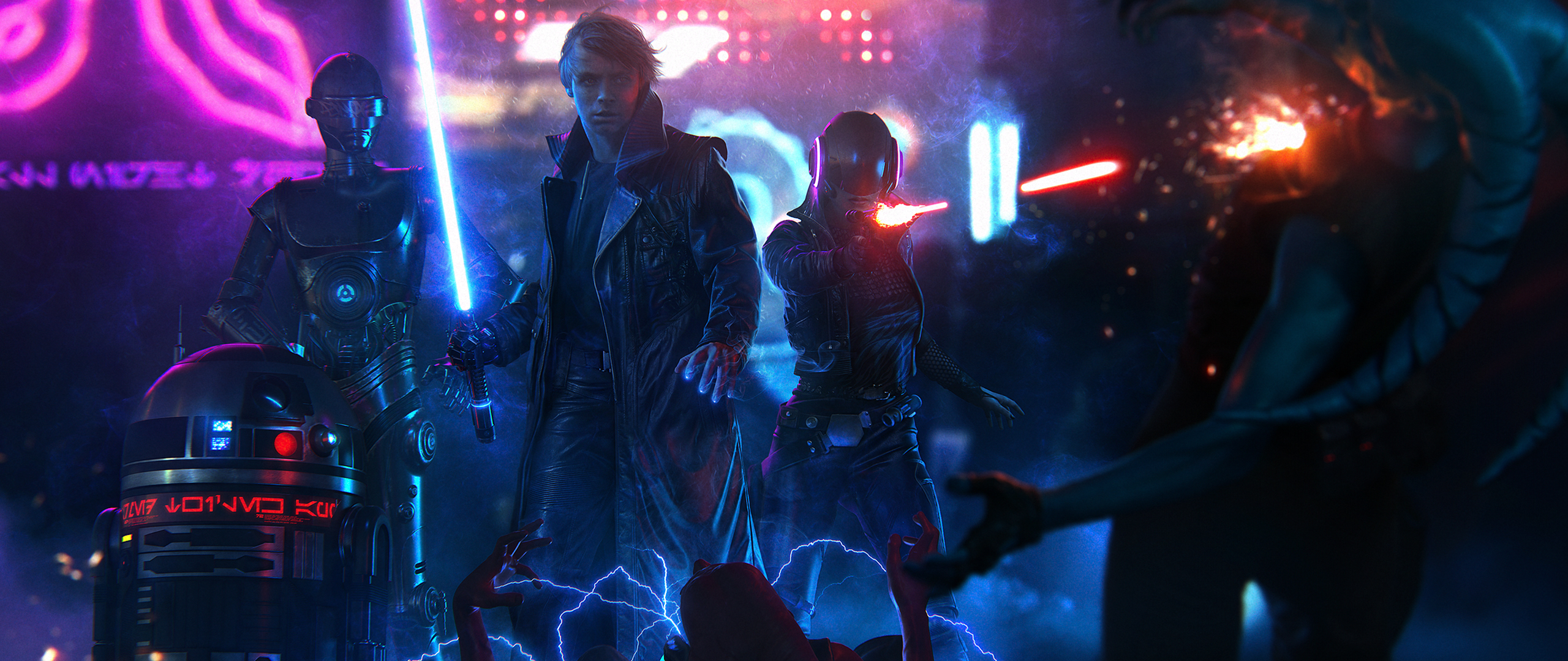 Luke Skywalker and companions in a cyberpunk Star Wars scene HD Wallpaper