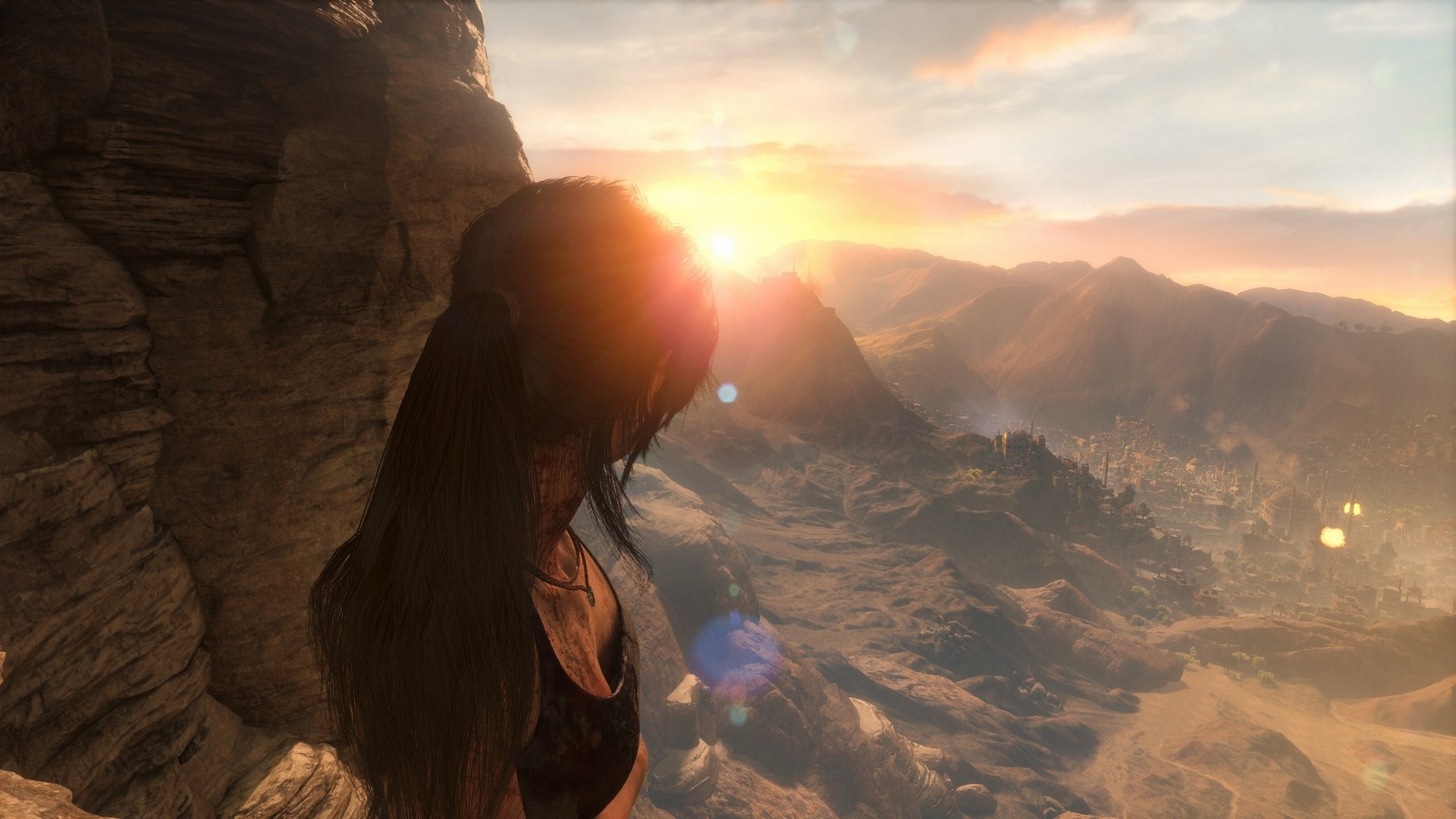 Lara Croft overlooking a valley at sunrise in Rise of the Tomb Raider HD Wallpaper