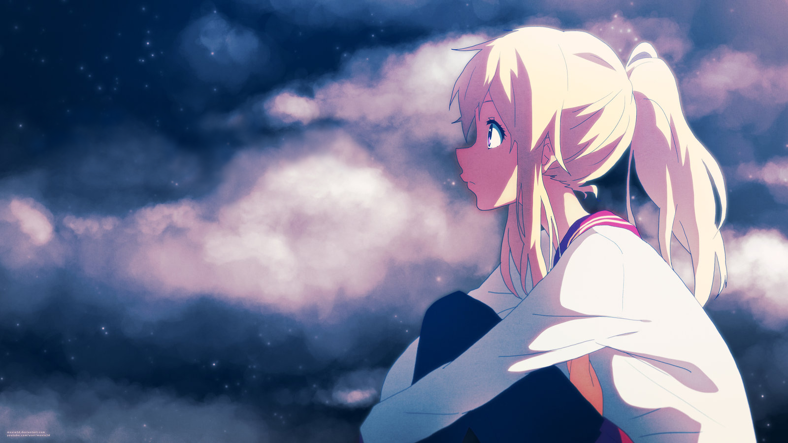Anime girl with blonde ponytail looking at the sky HD Wallpaper