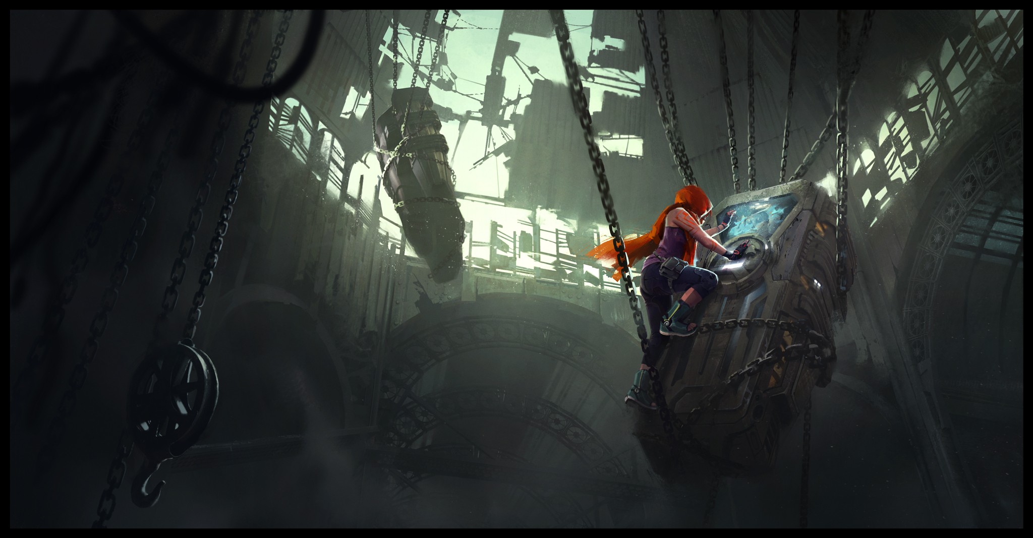 Woman operating a control panel in a ruined industrial setting HD Wallpaper