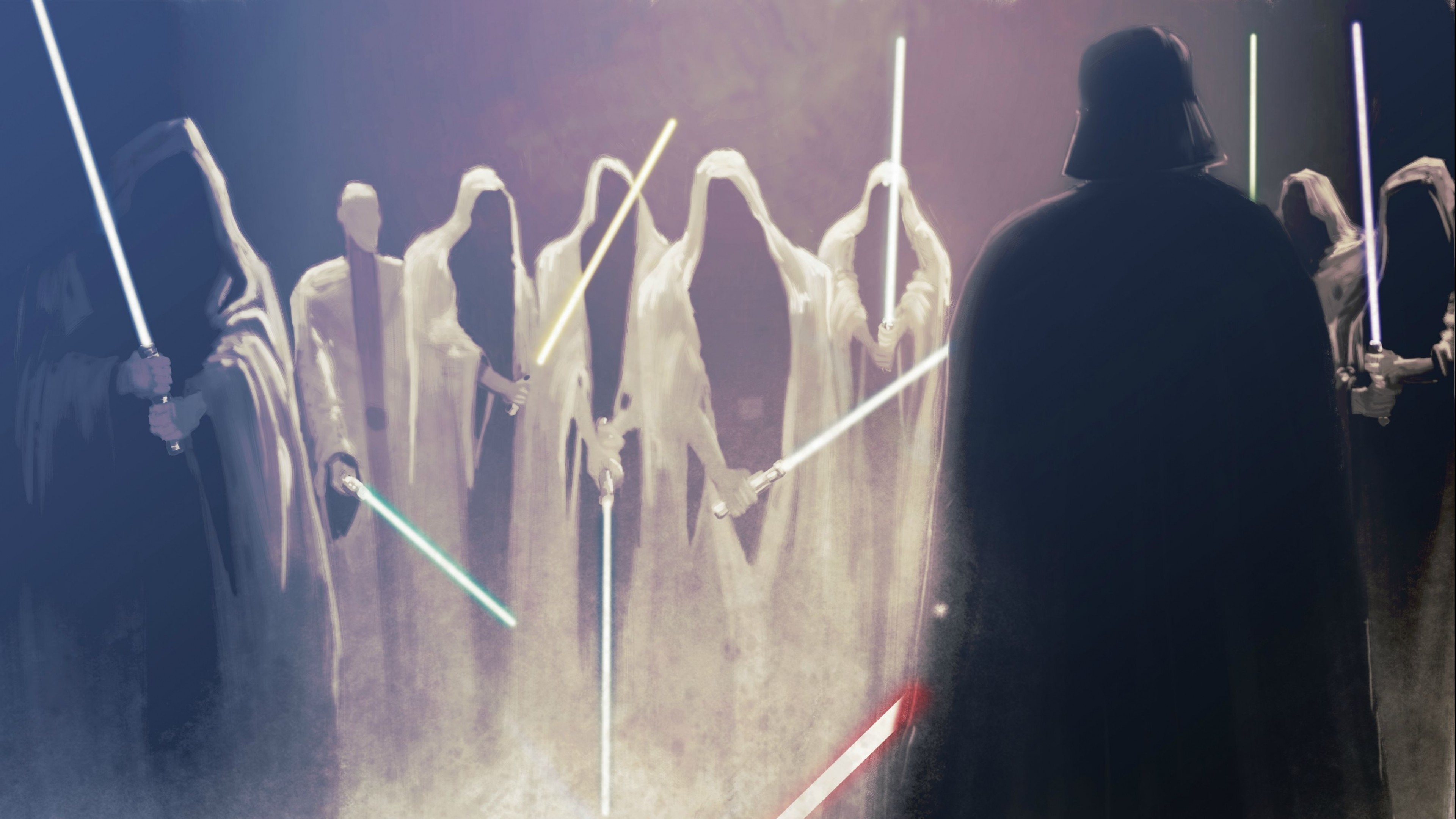 Star Wars: Darth Vader and hooded figures with lightsabers HD Wallpaper