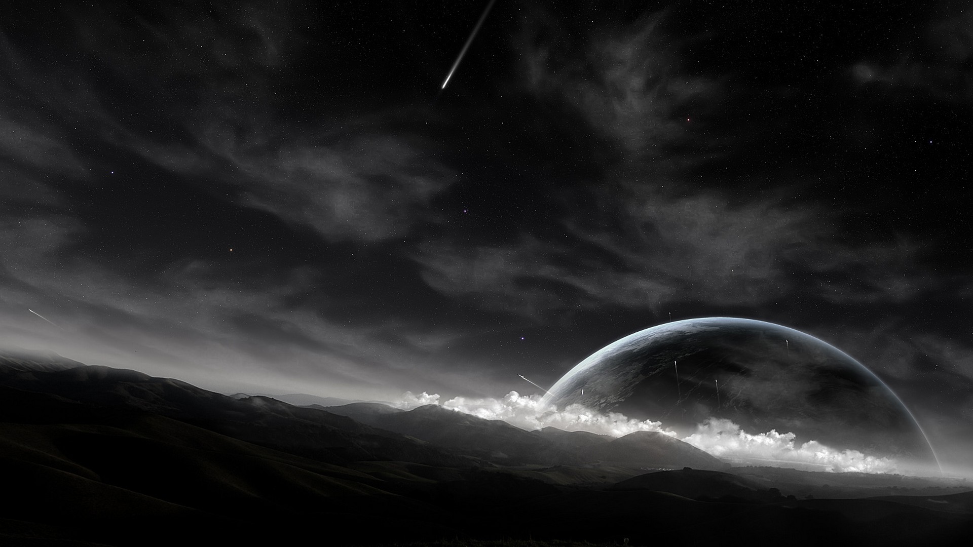 Planet and comet in a dark sky over mountains HD Wallpaper