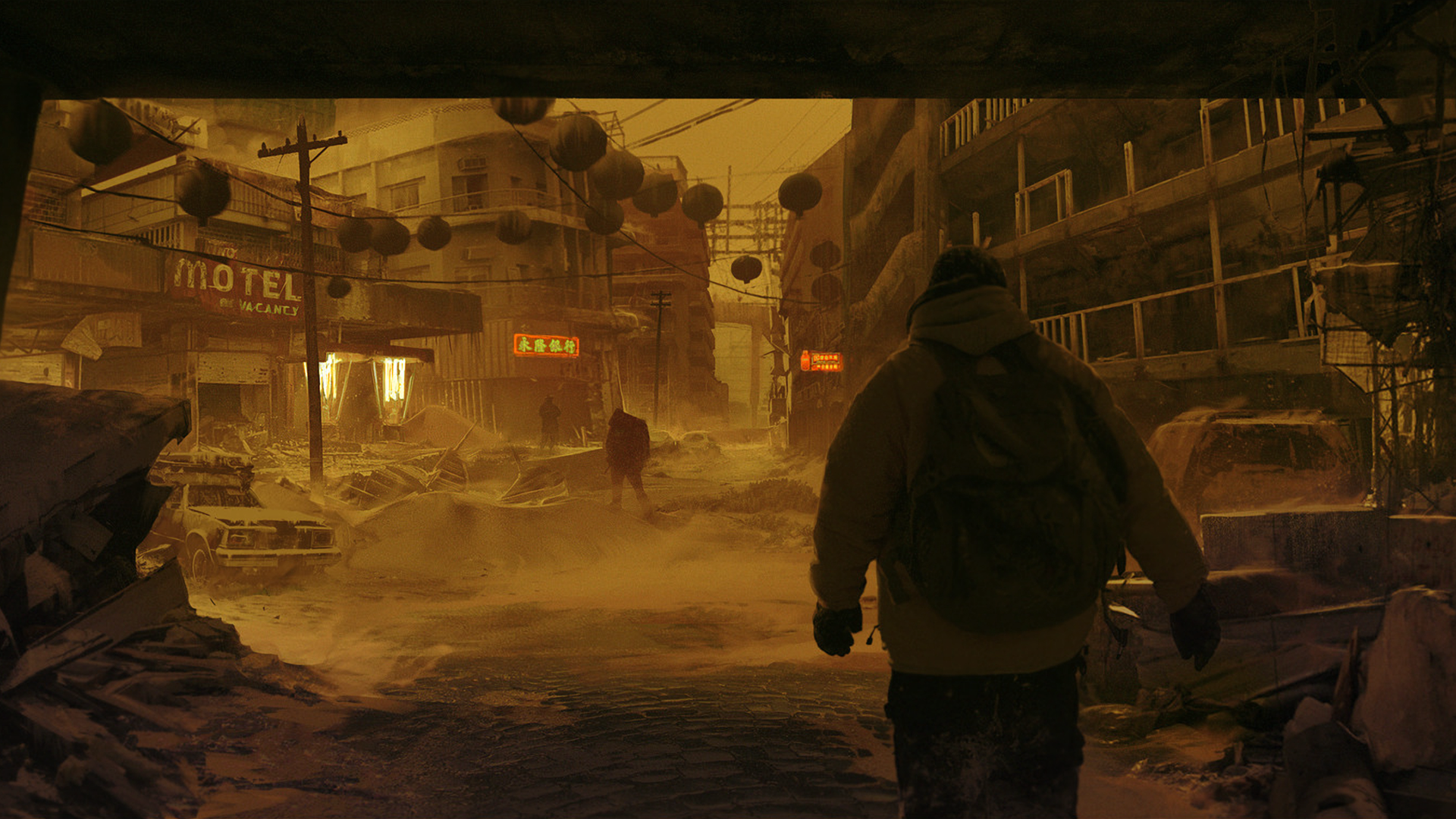 Apocalyptic city street with a person walking HD Wallpaper