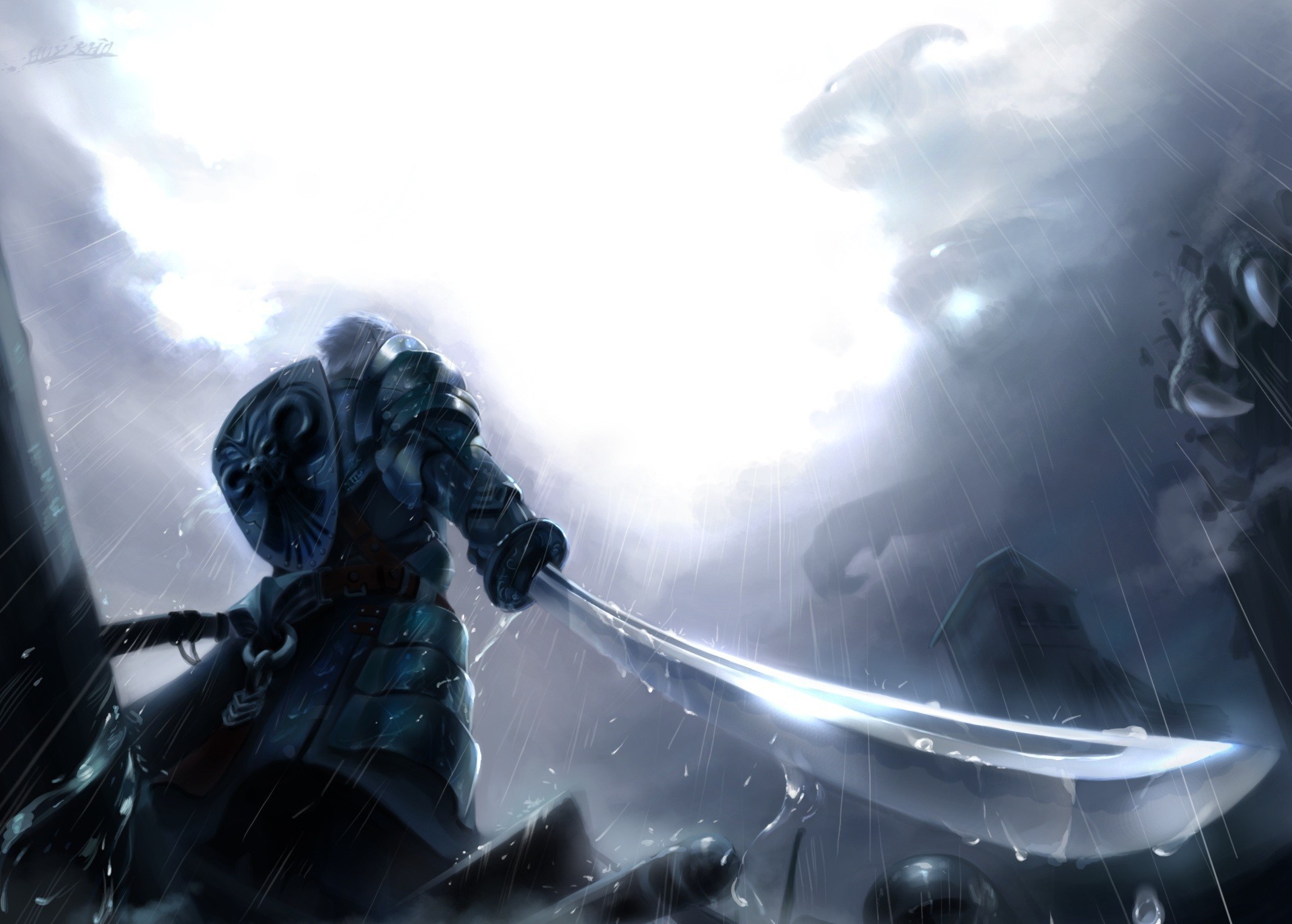 Warrior with a sword in a stormy fantasy landscape HD Wallpaper