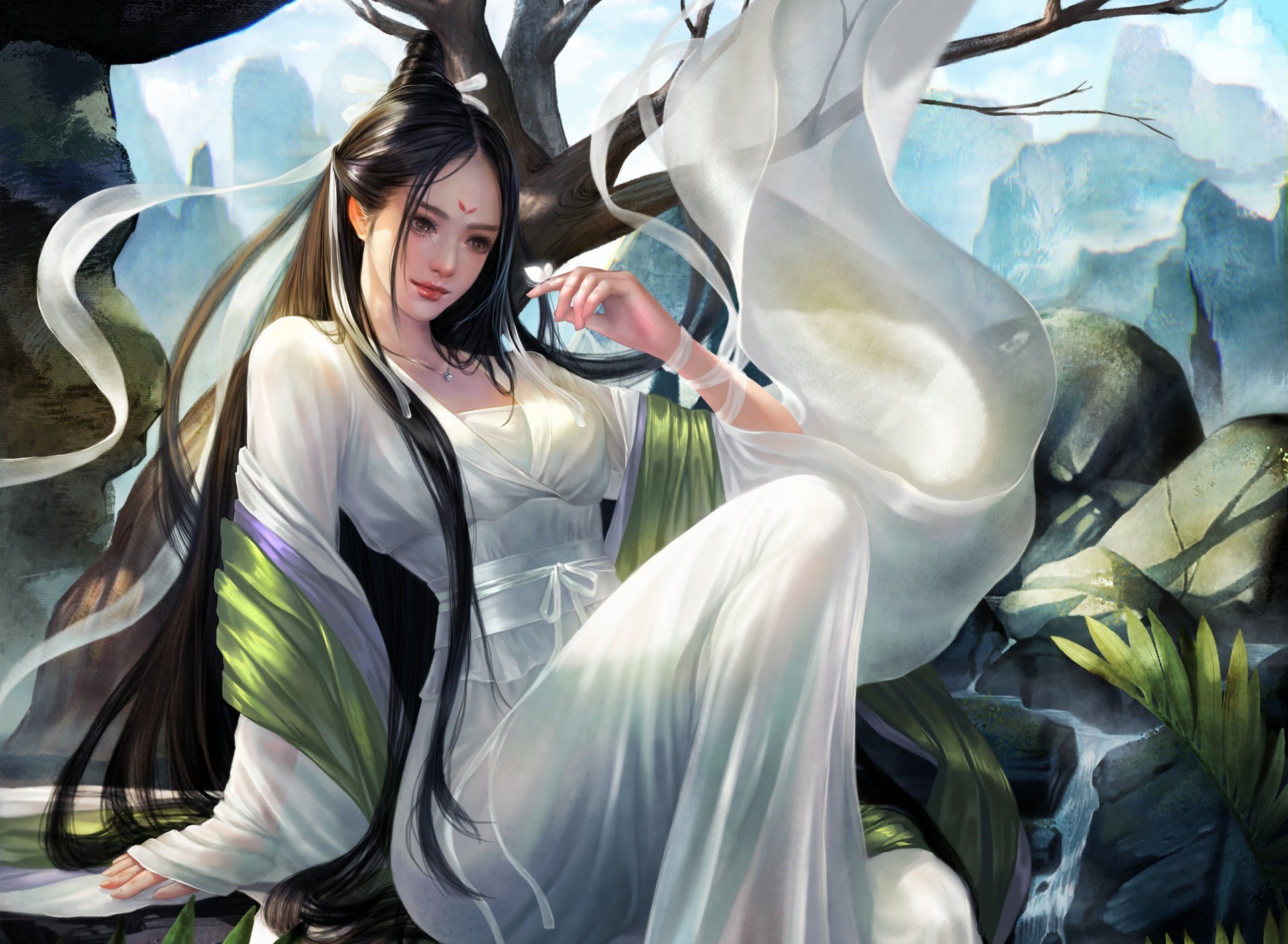 Fantasy art of an Asian woman in a white dress HD Wallpaper