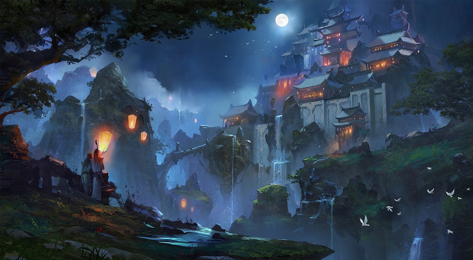 Fantasy mountain village with waterfalls and lanterns at night HD Wallpaper