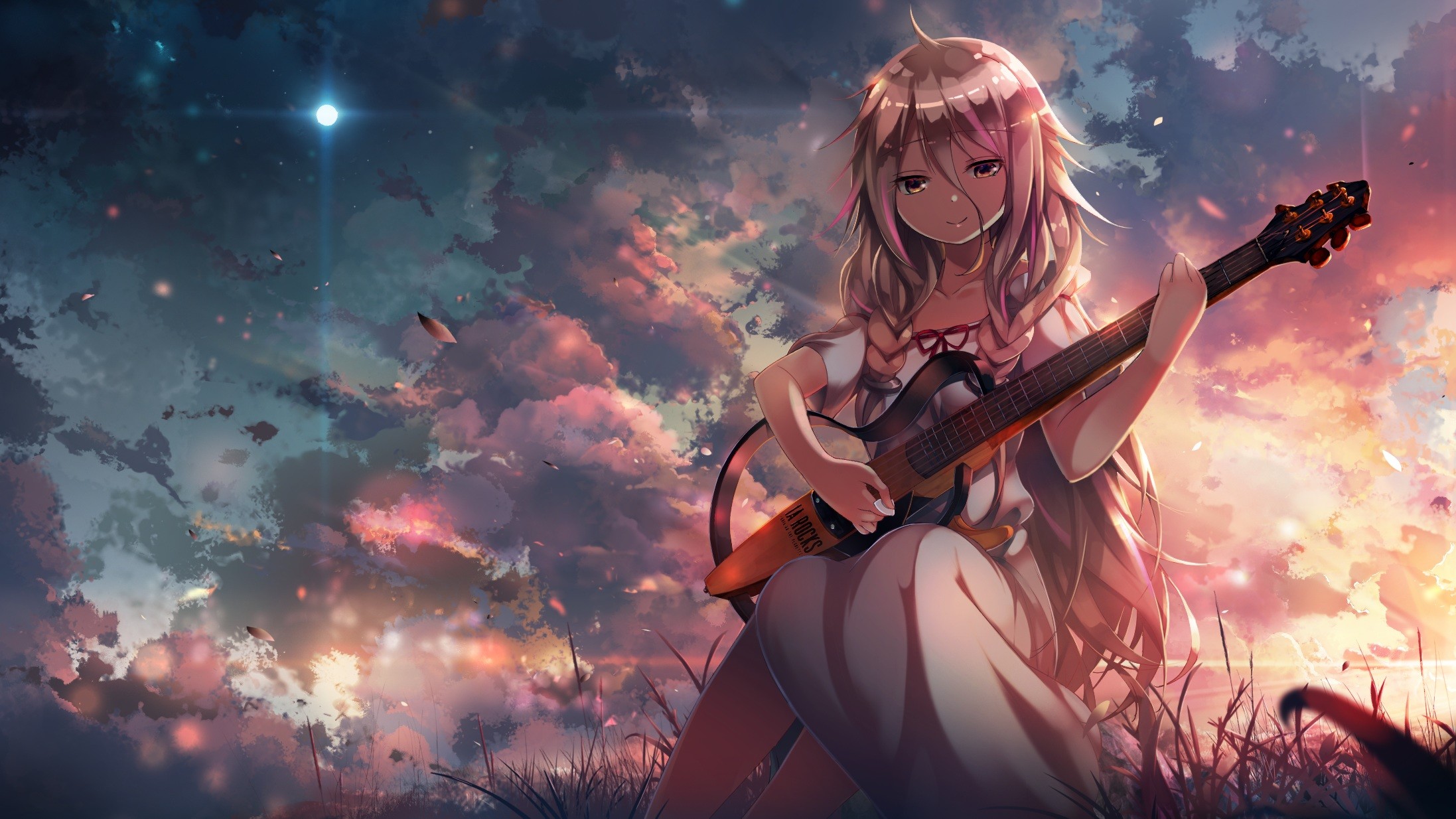 Anime girl with pink hair playing guitar at sunset HD Wallpaper