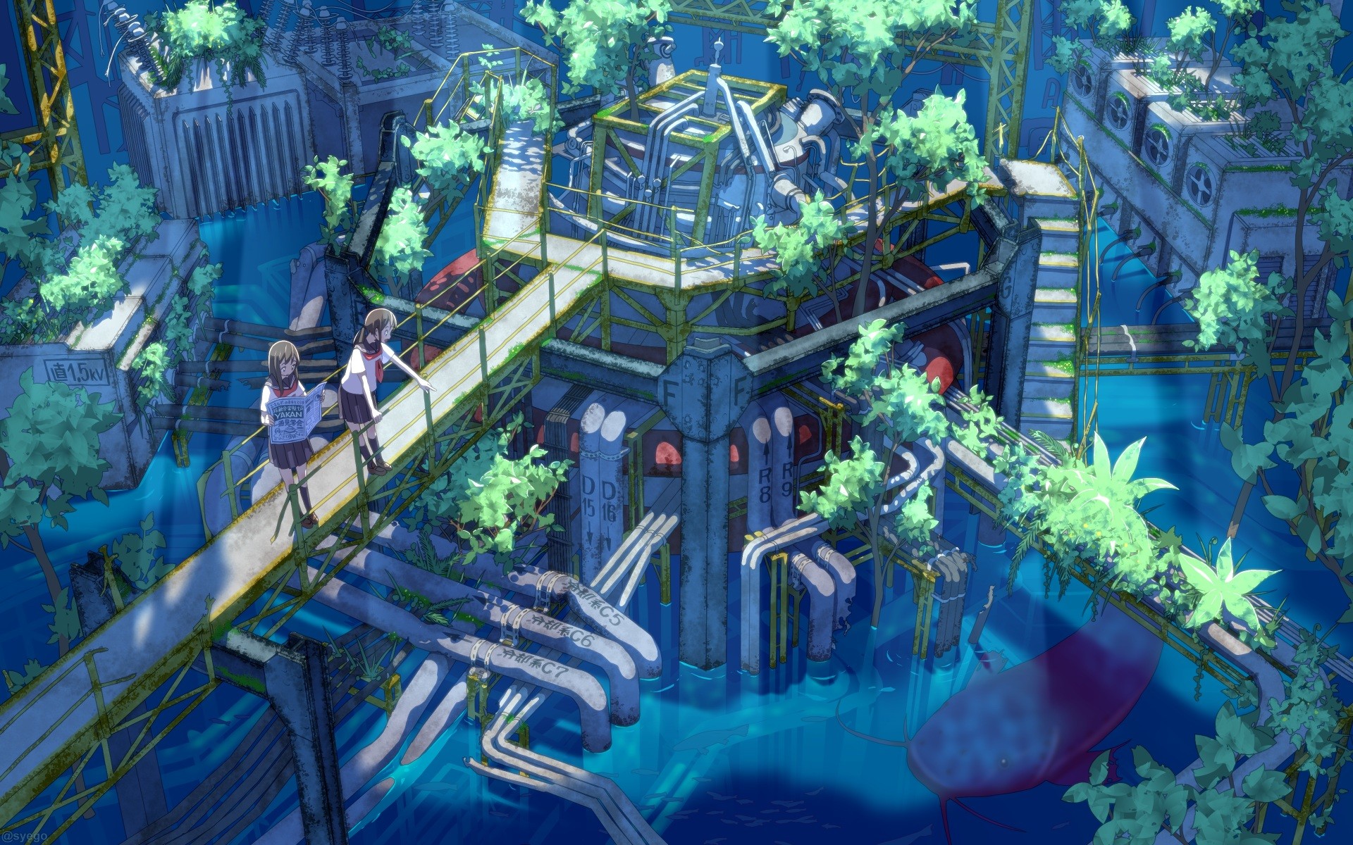 Two schoolgirls in an overgrown industrial complex with water HD Wallpaper