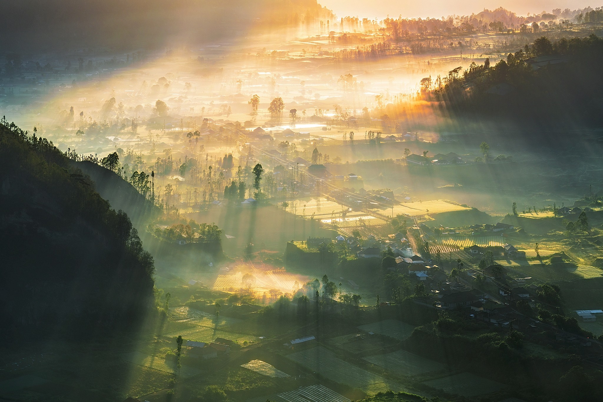 Misty valley in Indonesia with sunbeams HD Wallpaper