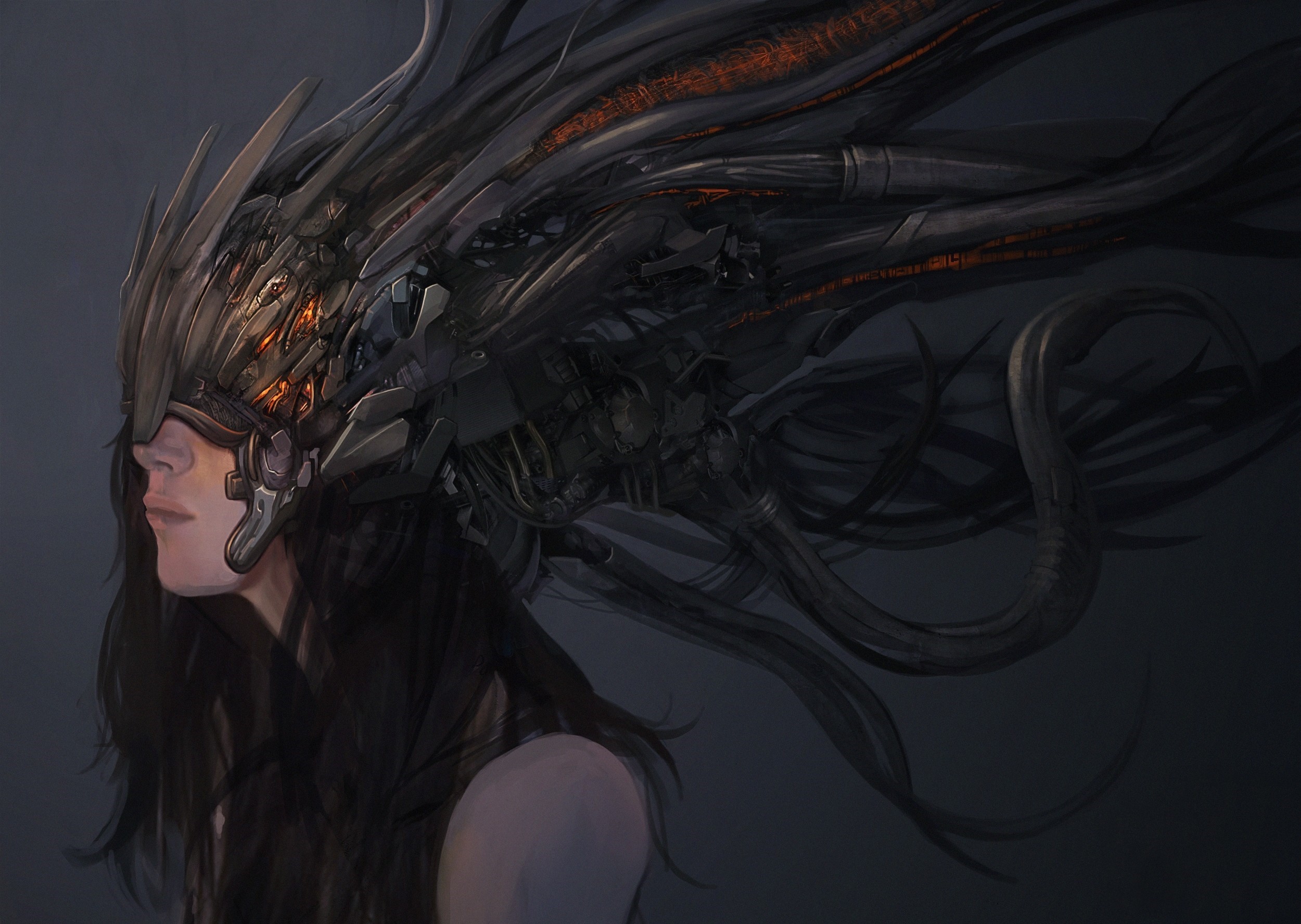 Woman with elaborate cybernetic headpiece HD Wallpaper