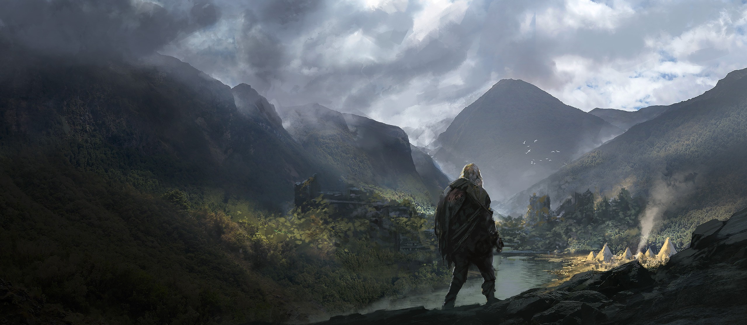 Fantasy landscape with a lone traveler overlooking a village HD Wallpaper