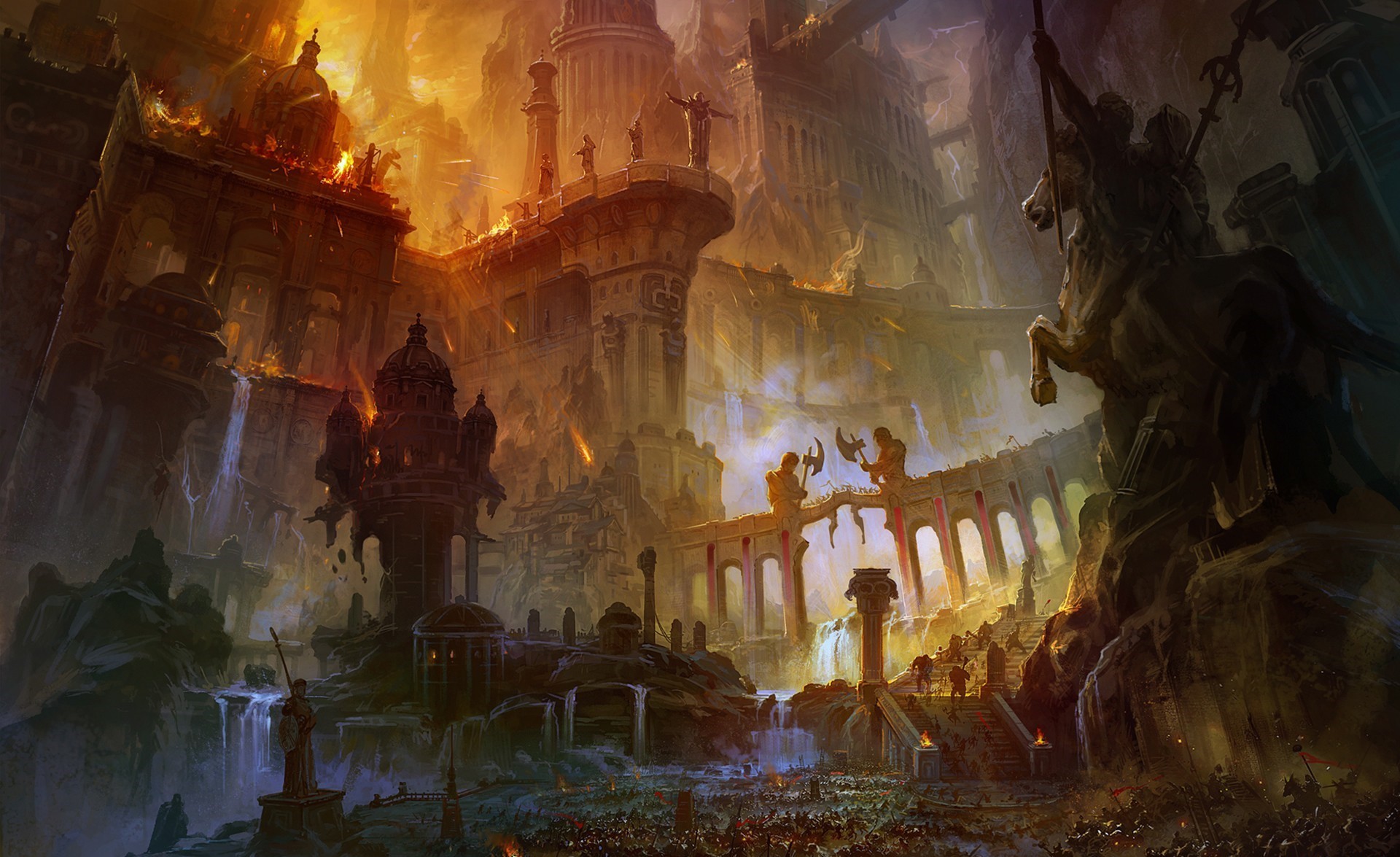 Fantasy art of a burning city with a battle HD Wallpaper