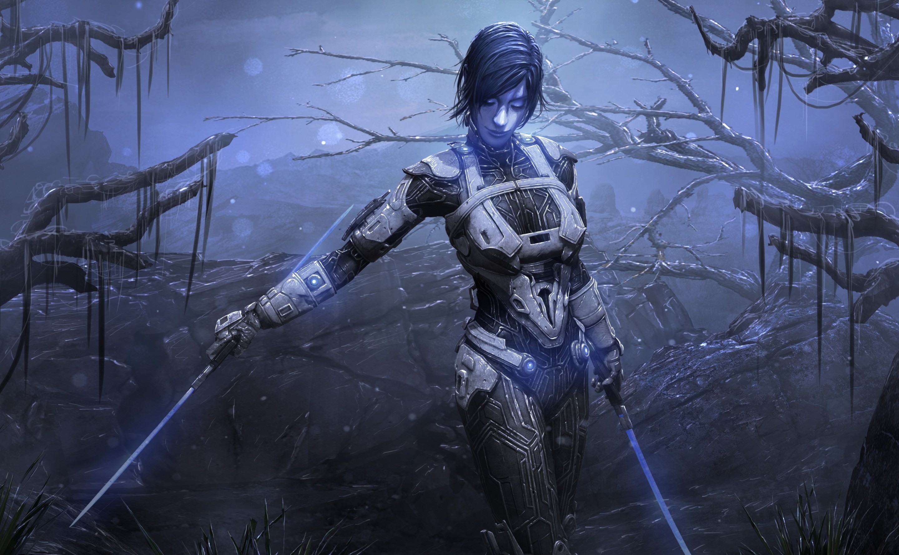 Warrior with glowing swords in a dark forest HD Wallpaper