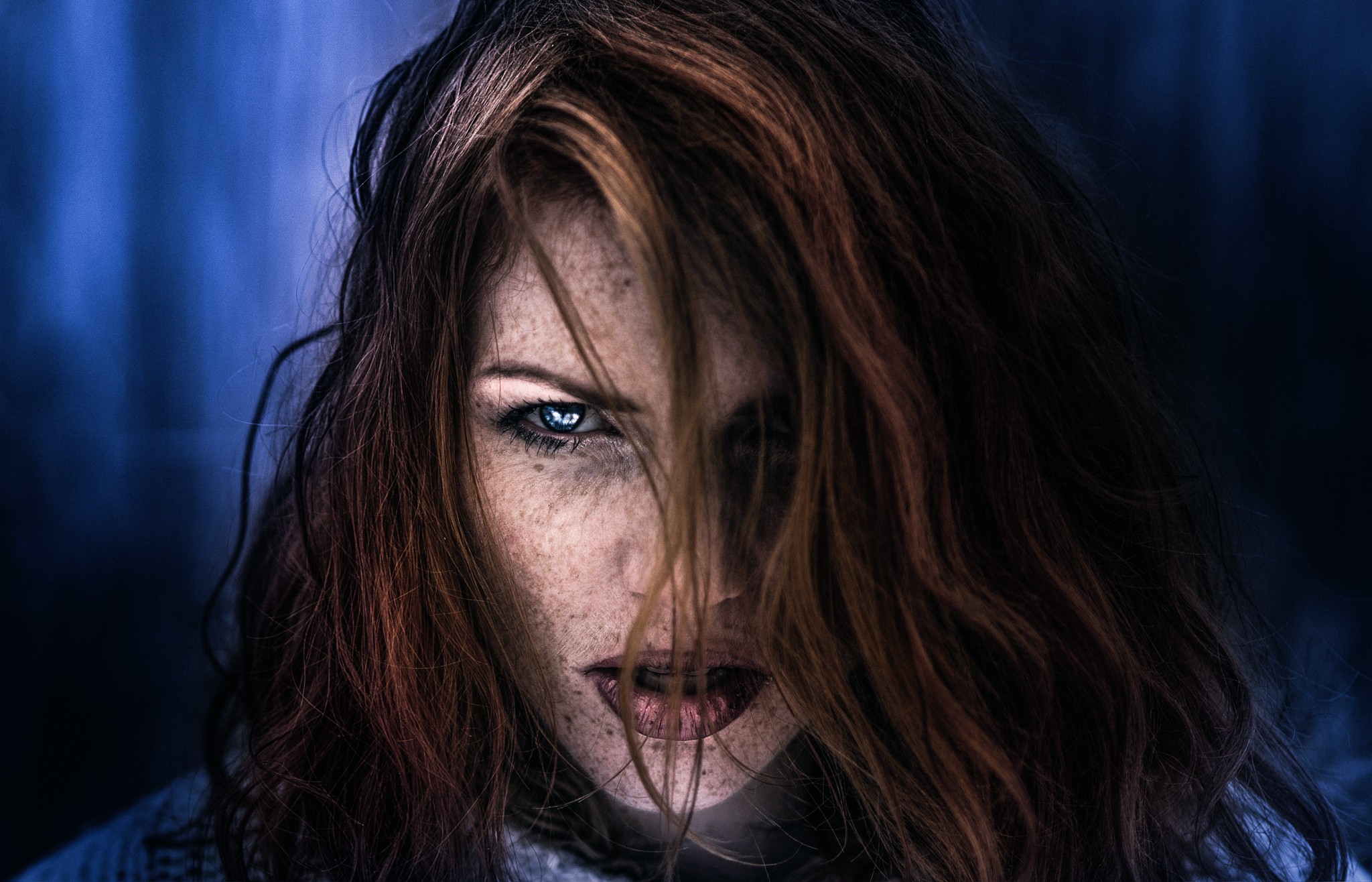 Woman with red hair and freckles looking at the camera HD Wallpaper