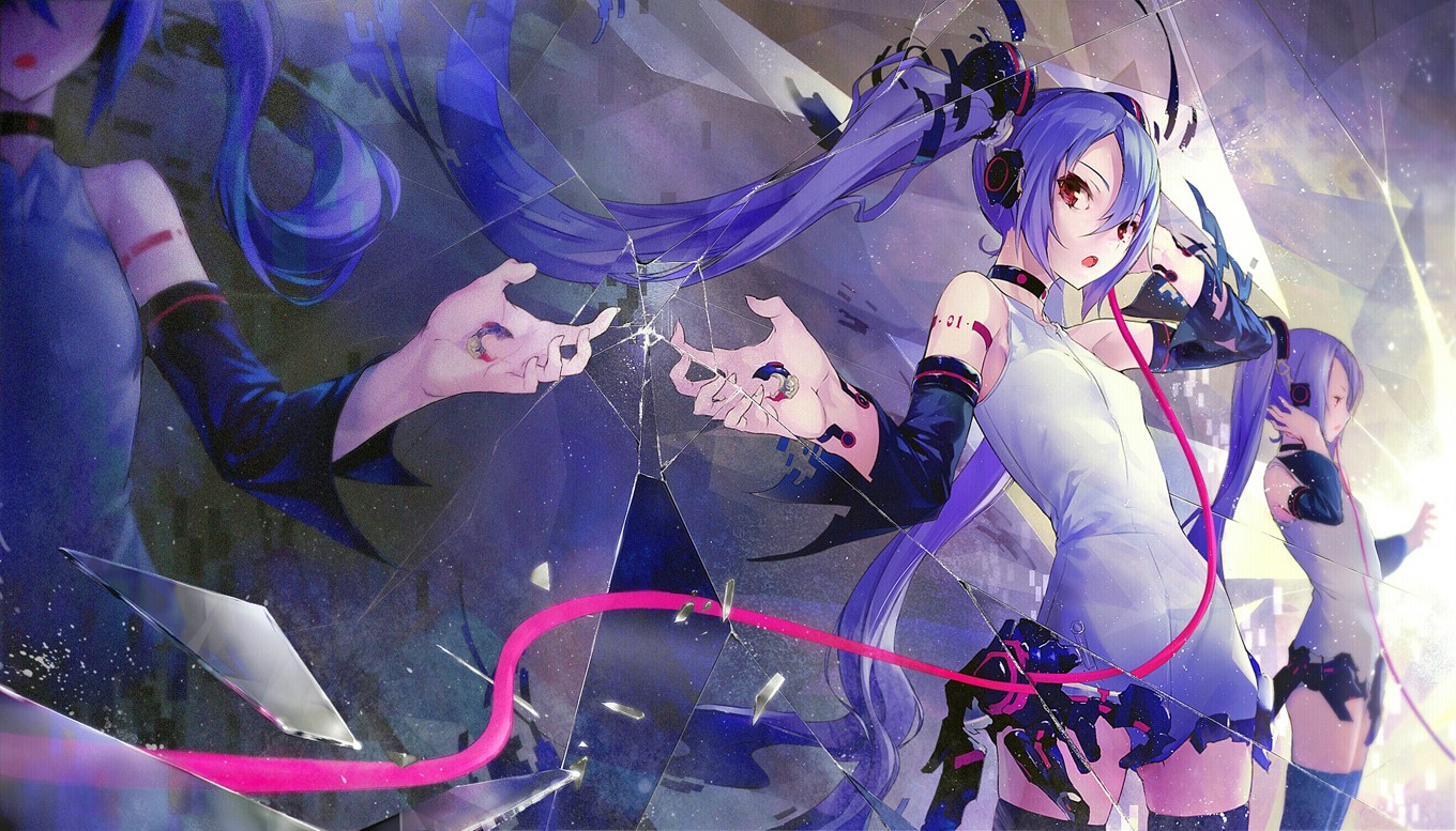Hatsune Miku and other Vocaloid girls behind broken glass HD Wallpaper