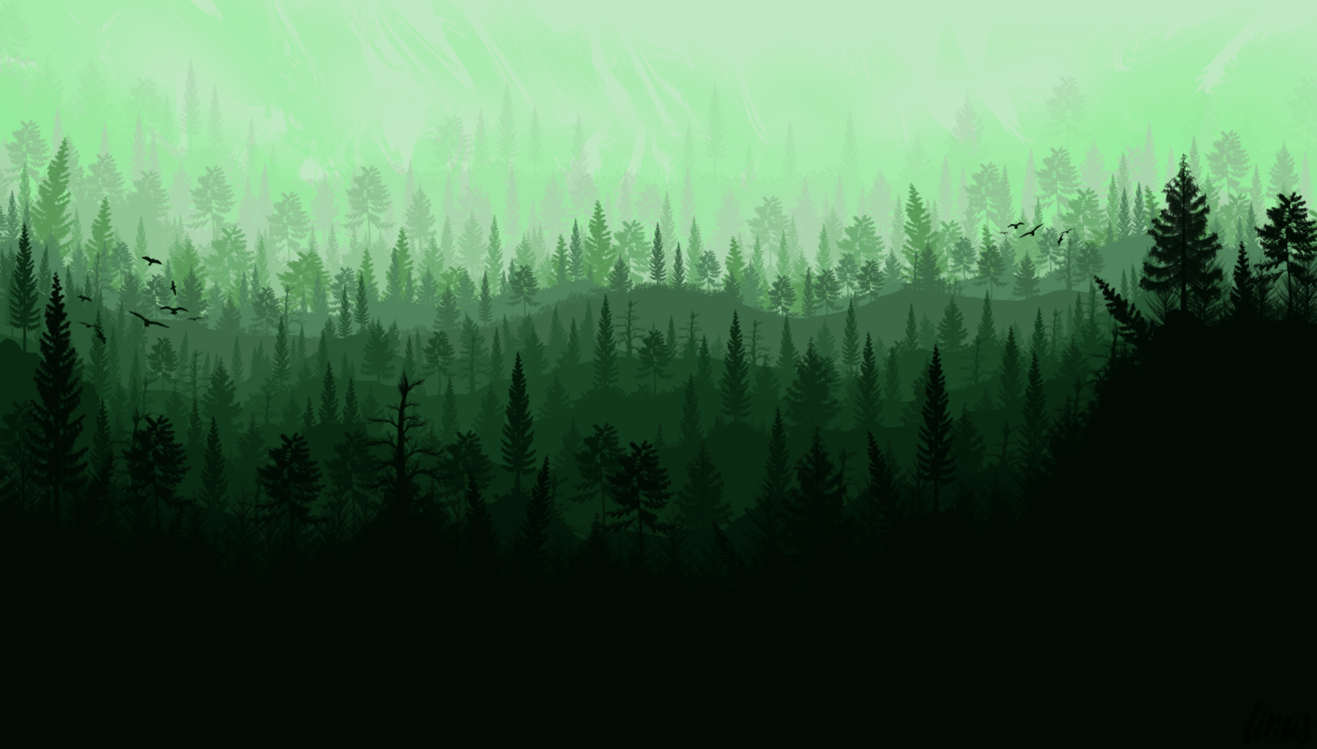 Artwork of a dense forest with birds flying HD Wallpaper