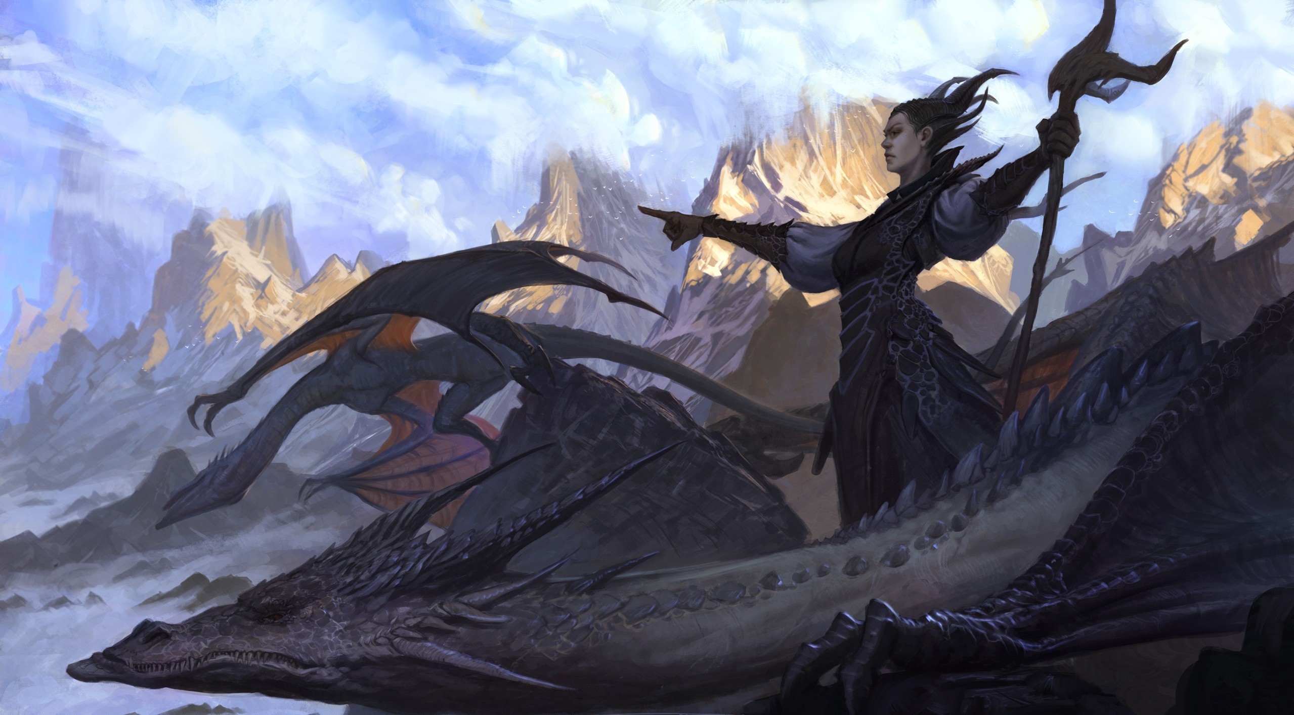 Fantasy artwork of a woman and dragons in mountains HD Wallpaper